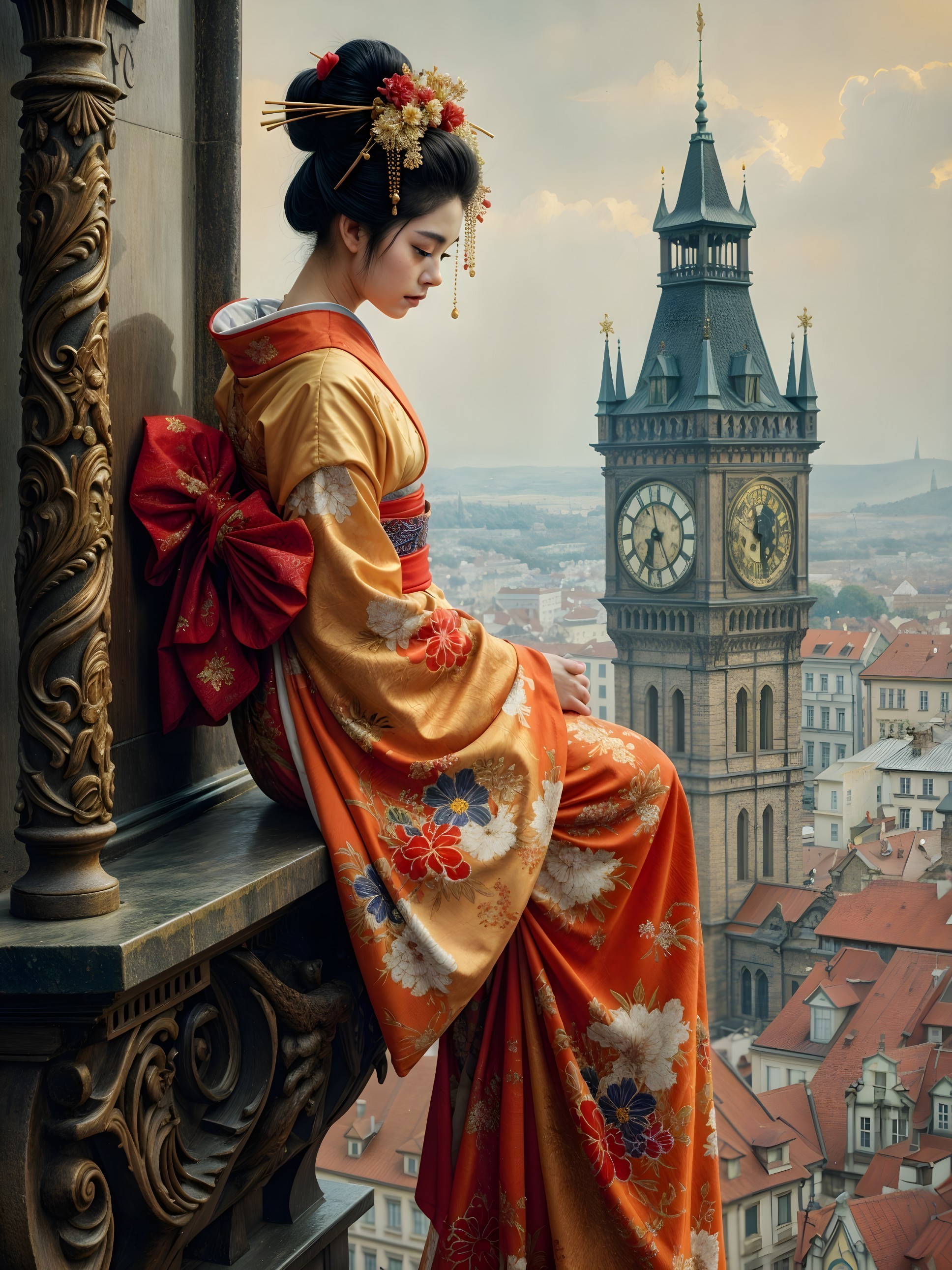 Young woman in kimono against historic cityscape