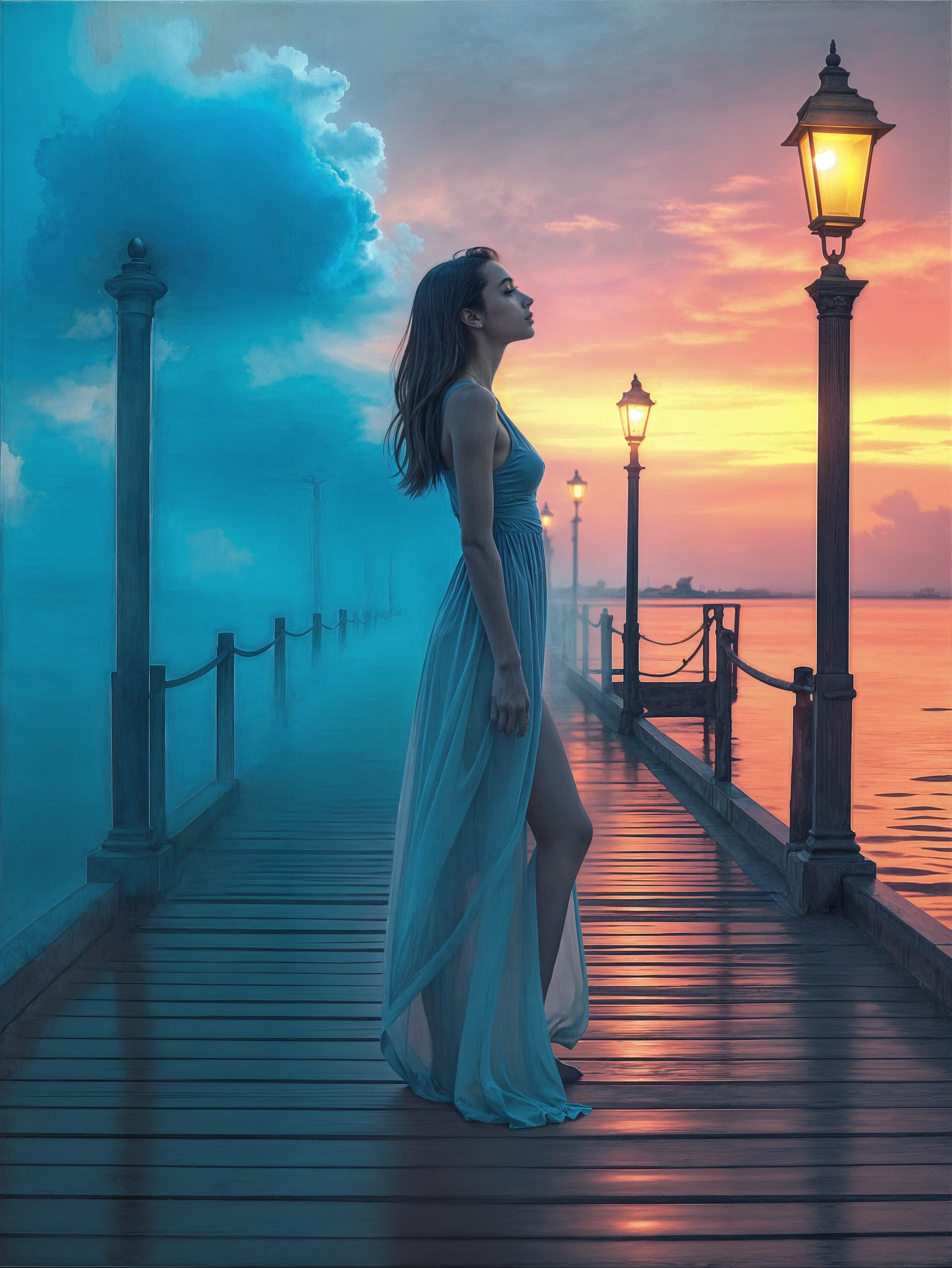 Serene Dusk Scene with Woman on Wooden Pier