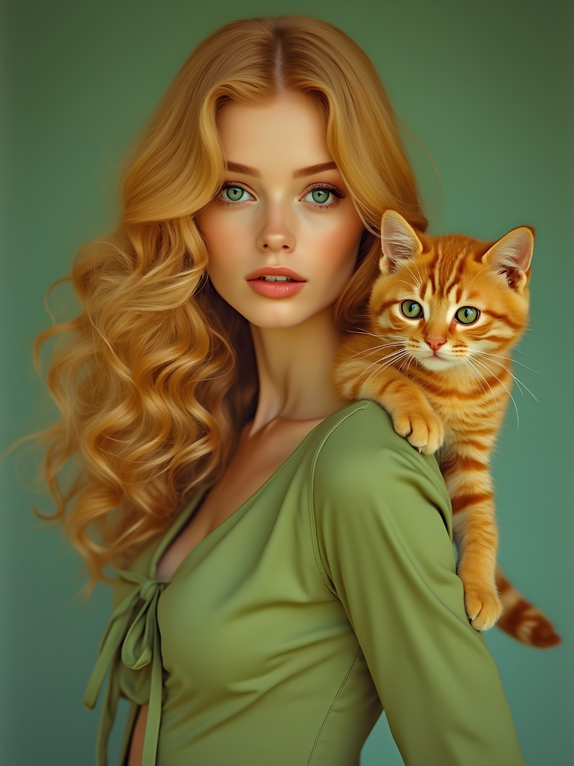 Young woman with tabby cat in soft green setting
