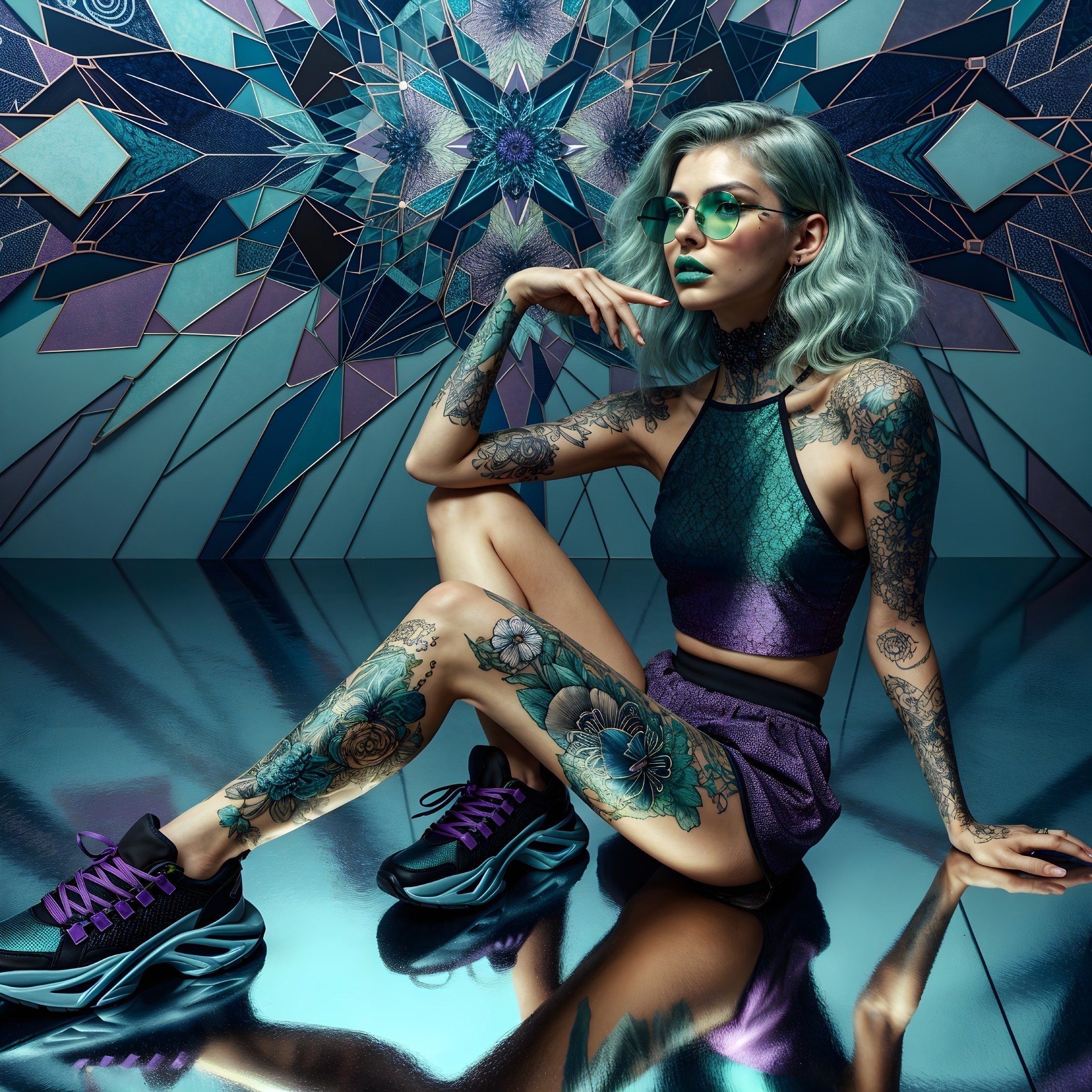Model with Intricate Tattoos and Geometric Background
