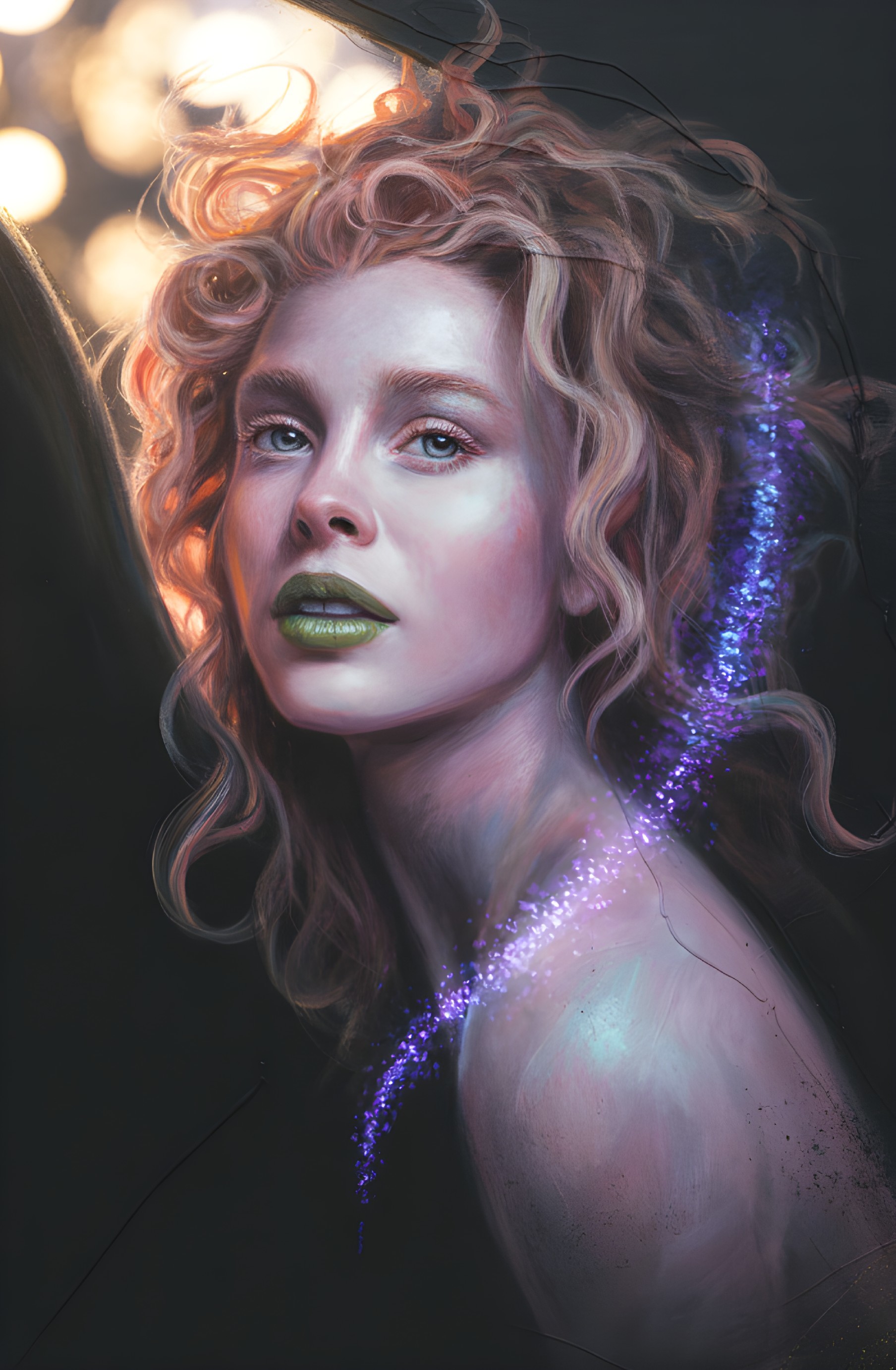 Portrait of a Young Woman with Curly Hair and Glow