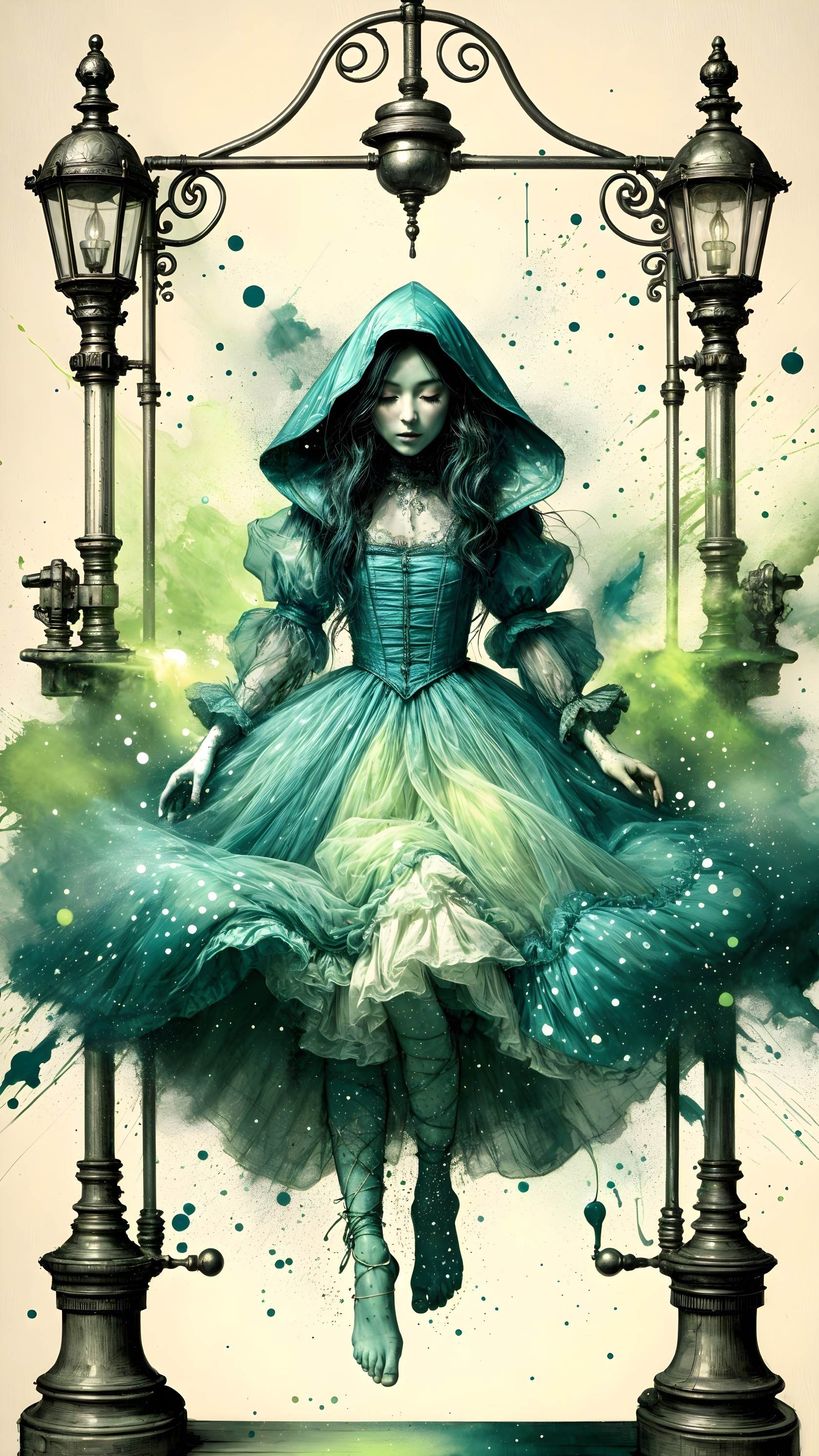 Mystical figure in teal gown amidst green and blue