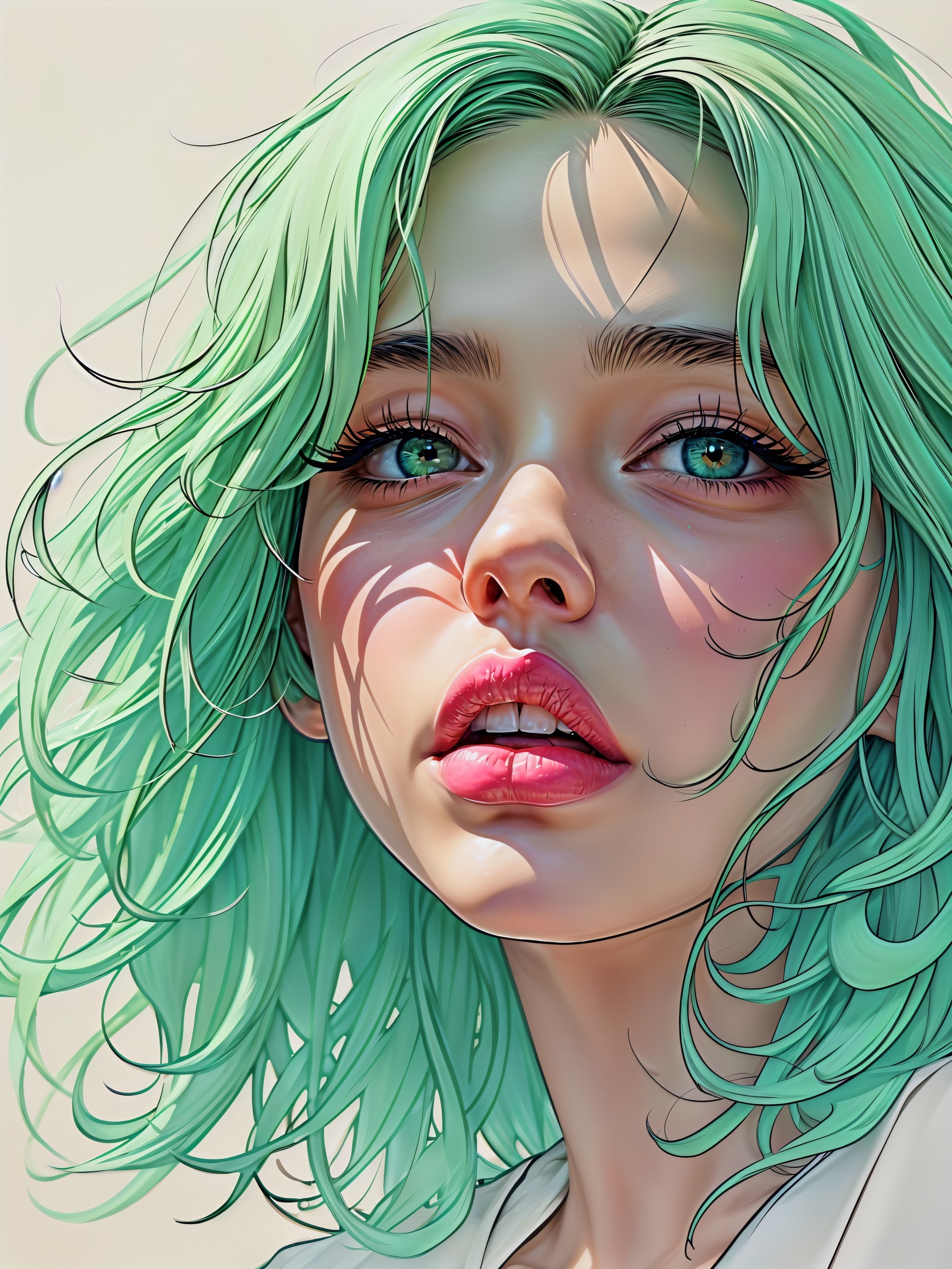 Close-up of a young woman with mint green hair