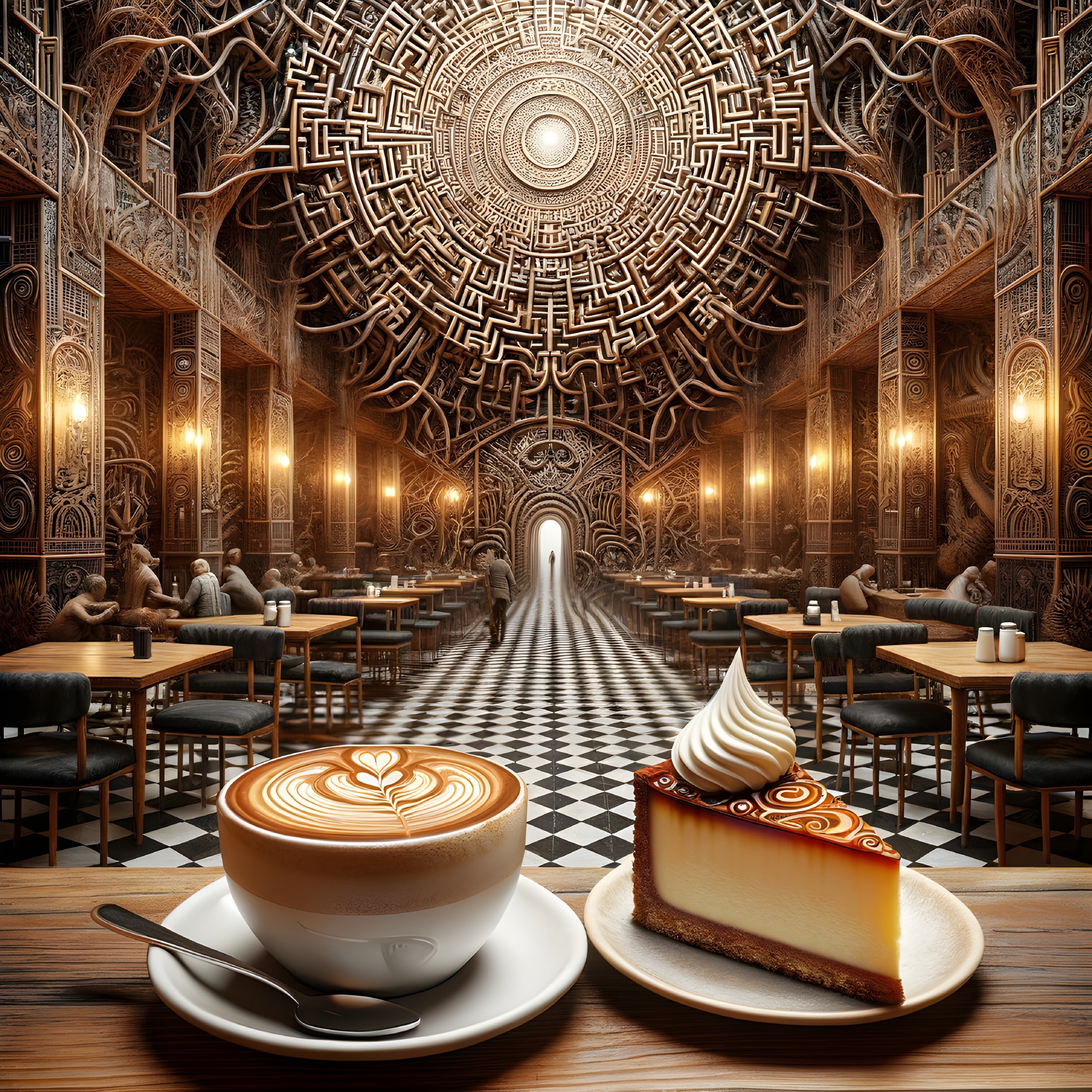 Café Interior with Intricate Woodwork and Soft Lighting