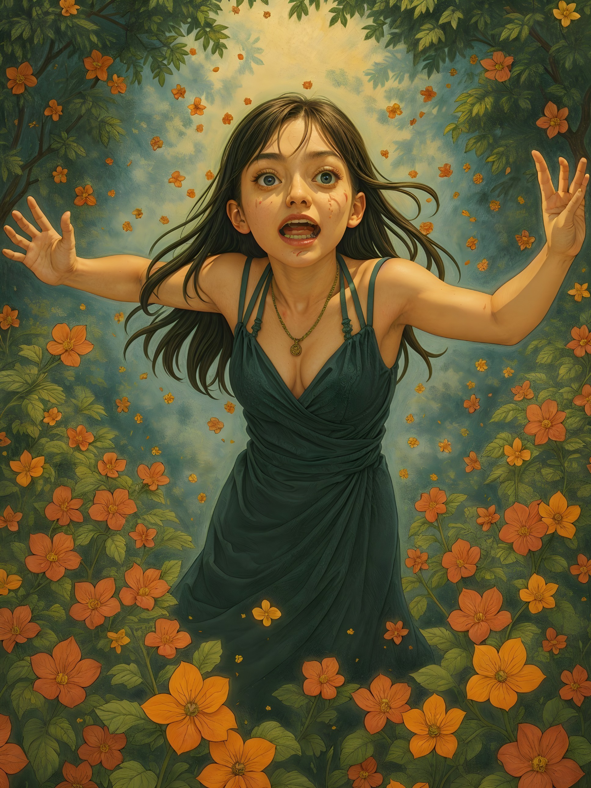 Young girl in dark dress among vibrant orange flowers