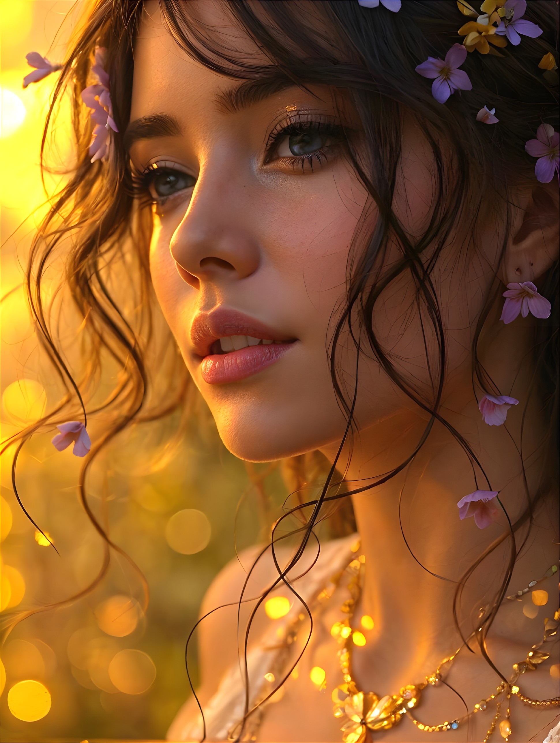 Close-up Portrait of a Young Woman with Flowers