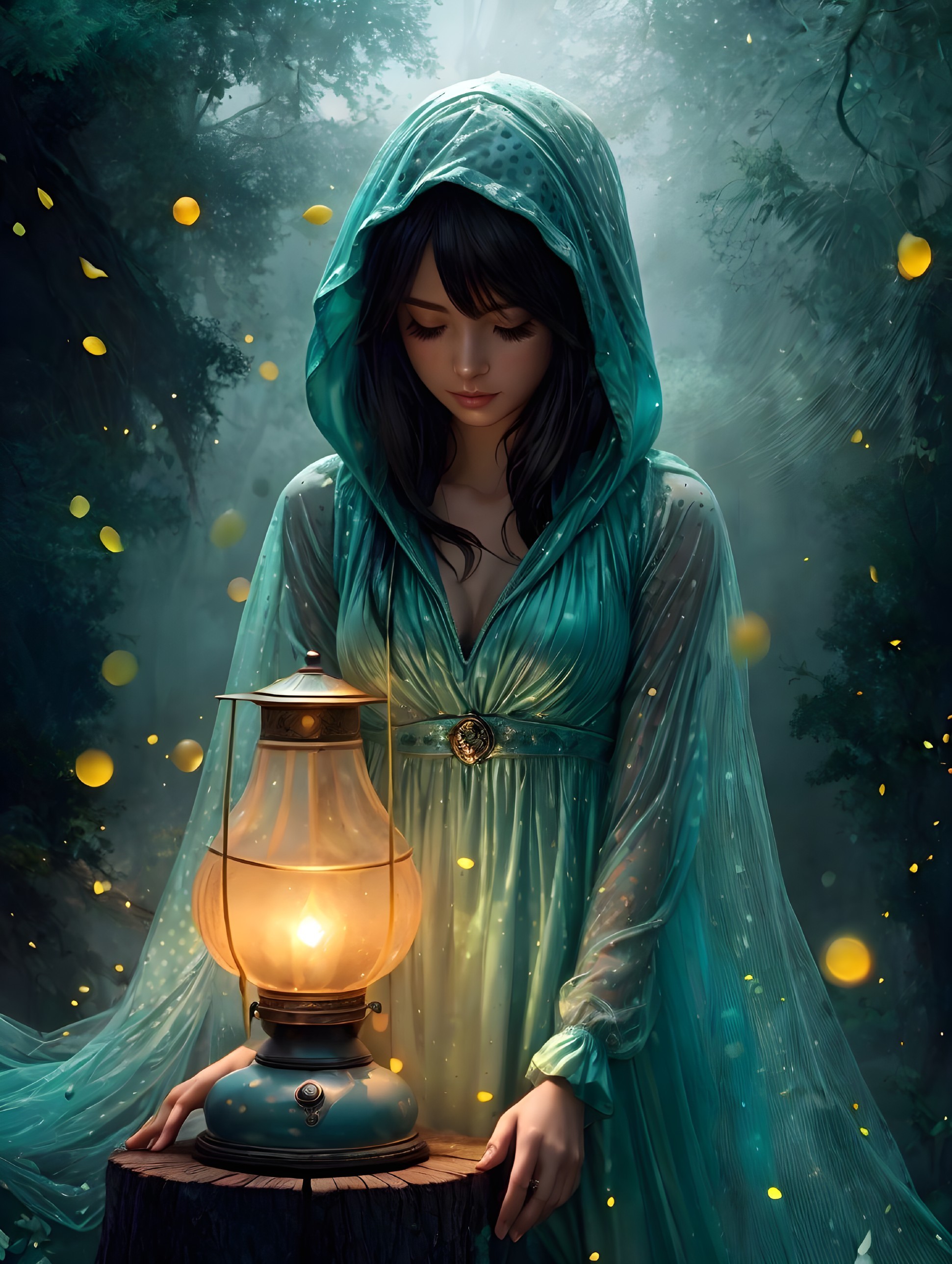 Serene figure in mystical forest with glowing orbs