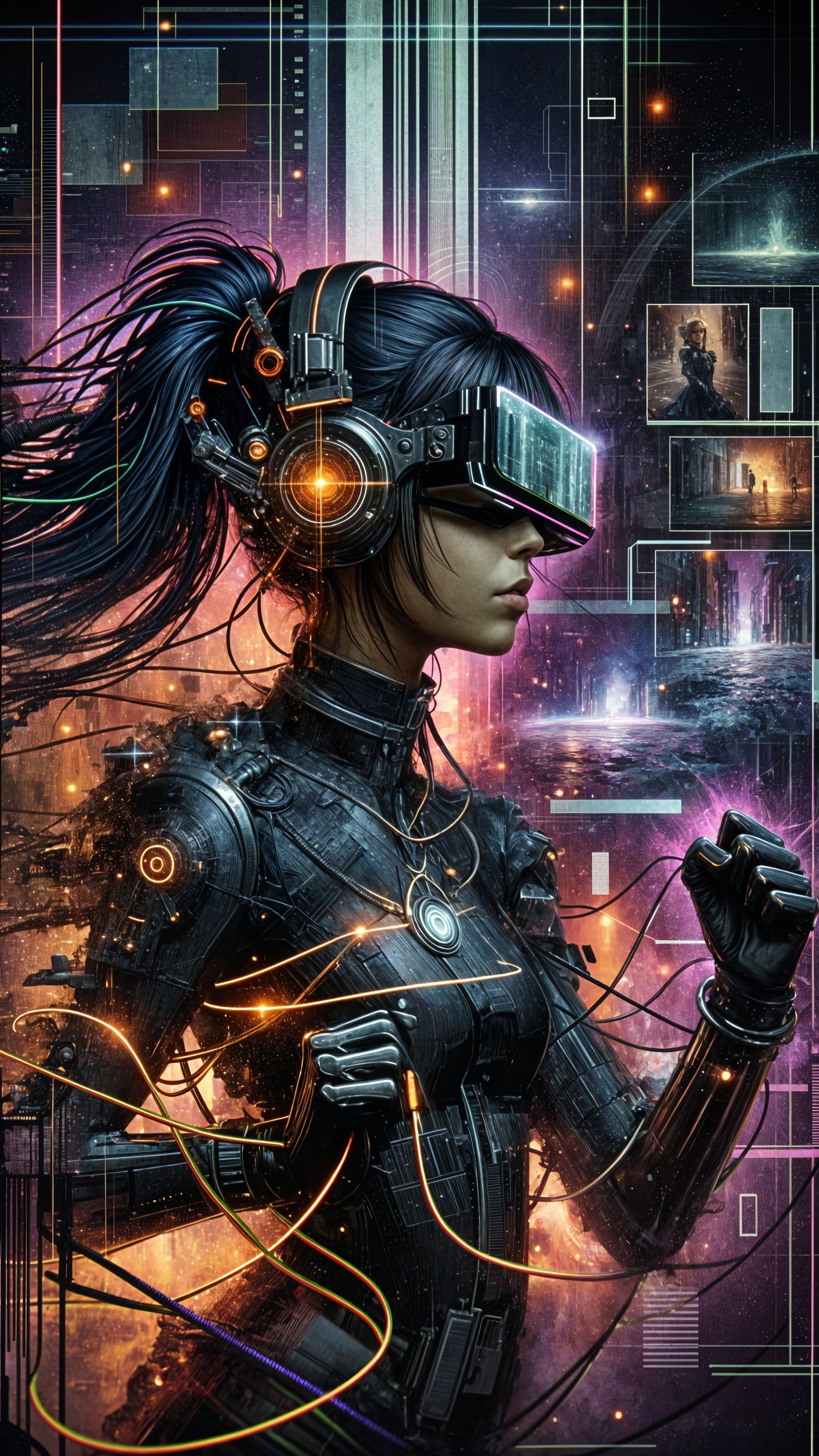 Futuristic Female Figure in Cybernetic Suit and Headset