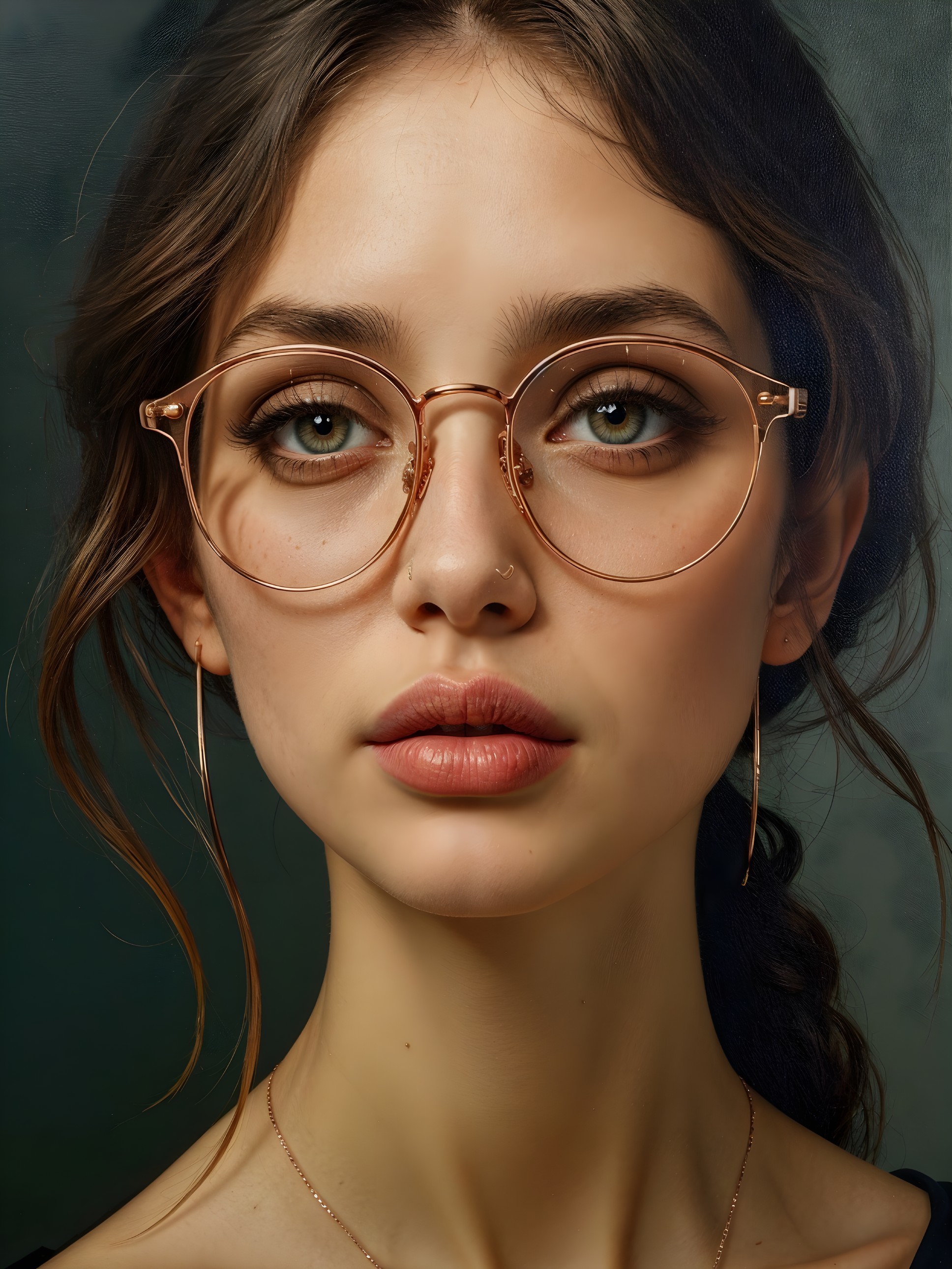 Portrait of a woman with green eyes and rose gold glasses