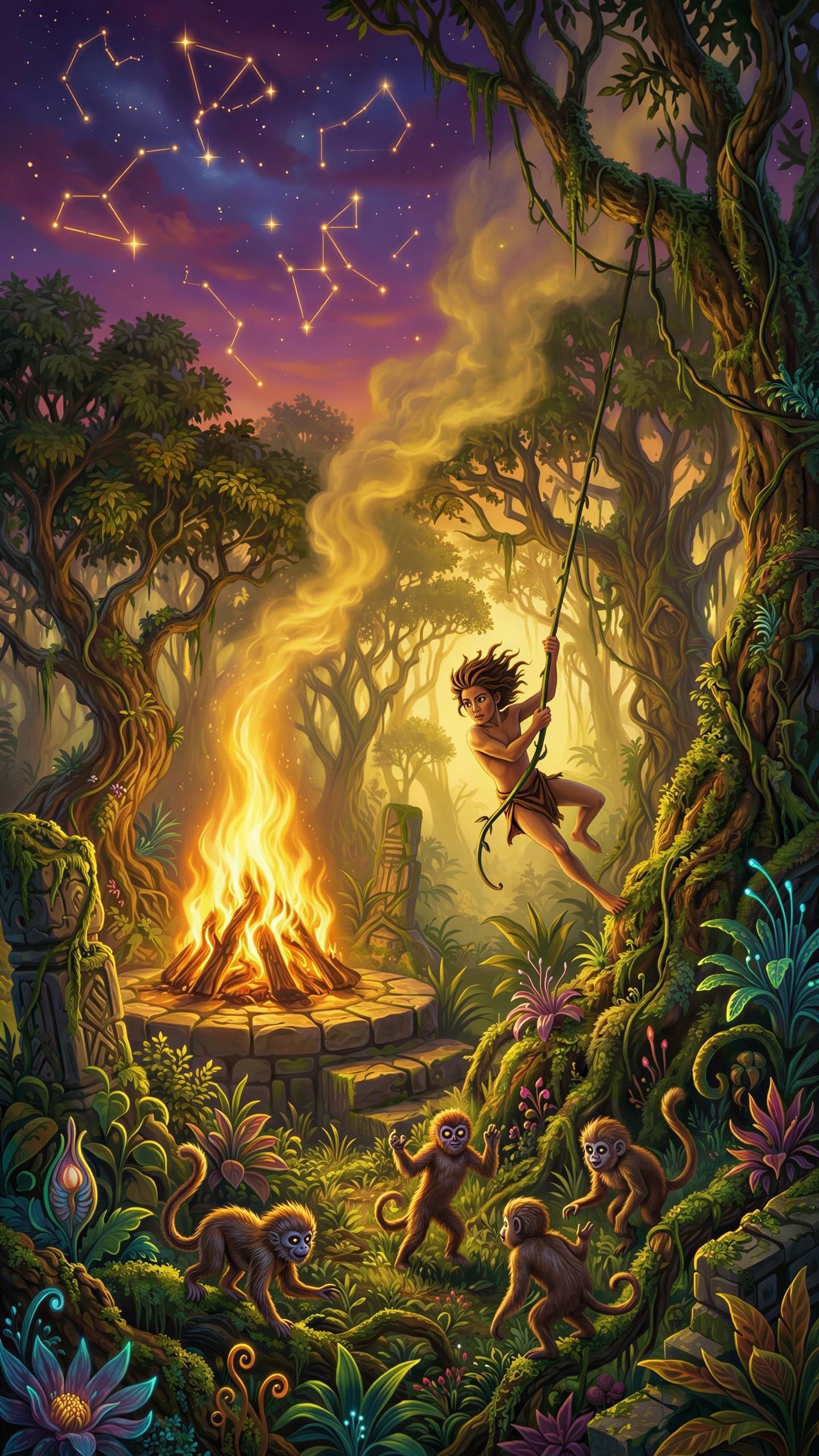Vibrant Jungle Scene with Wild Boy and Bonfire