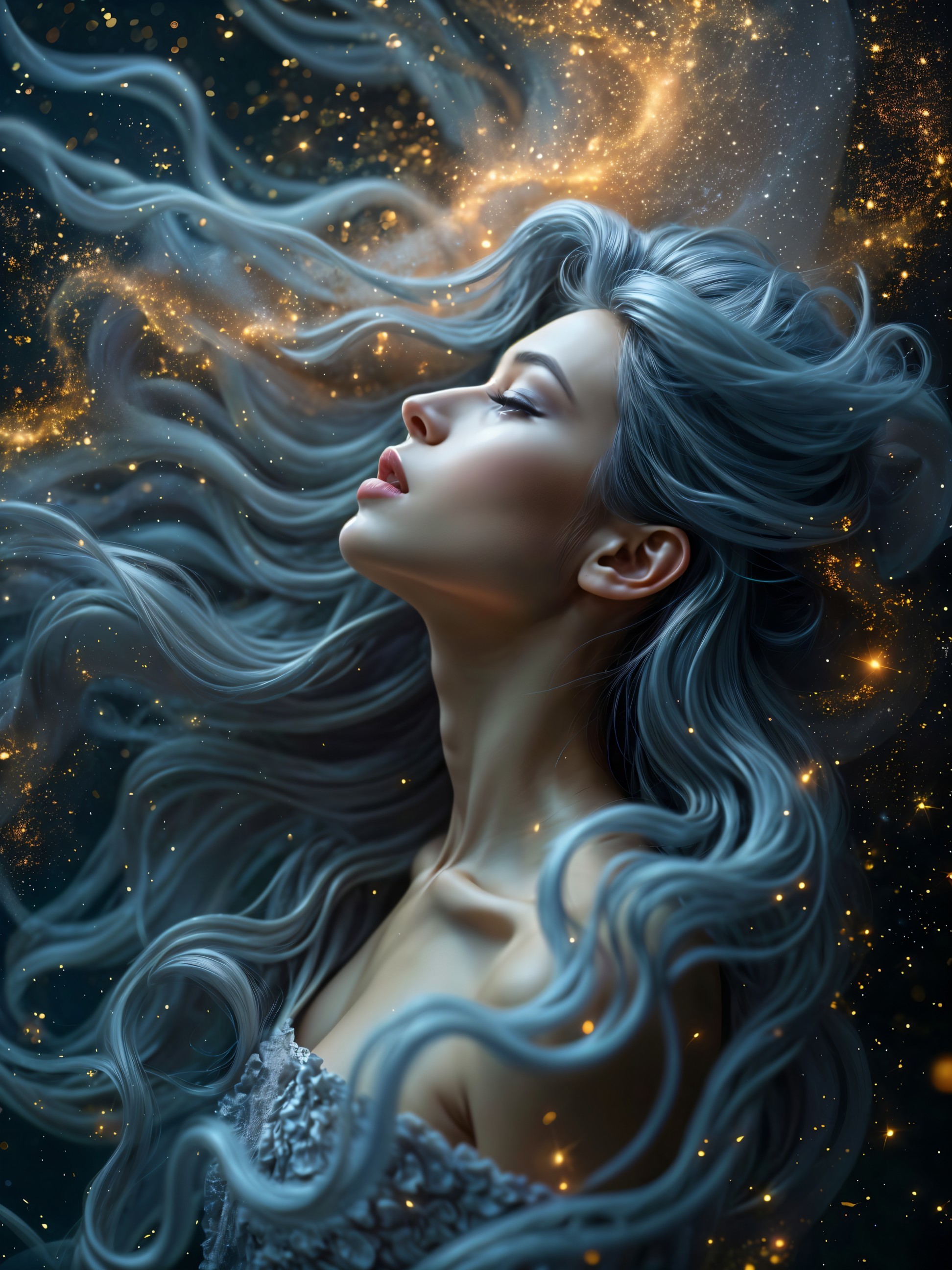 Serene Woman with Silver Hair in Cosmic Atmosphere