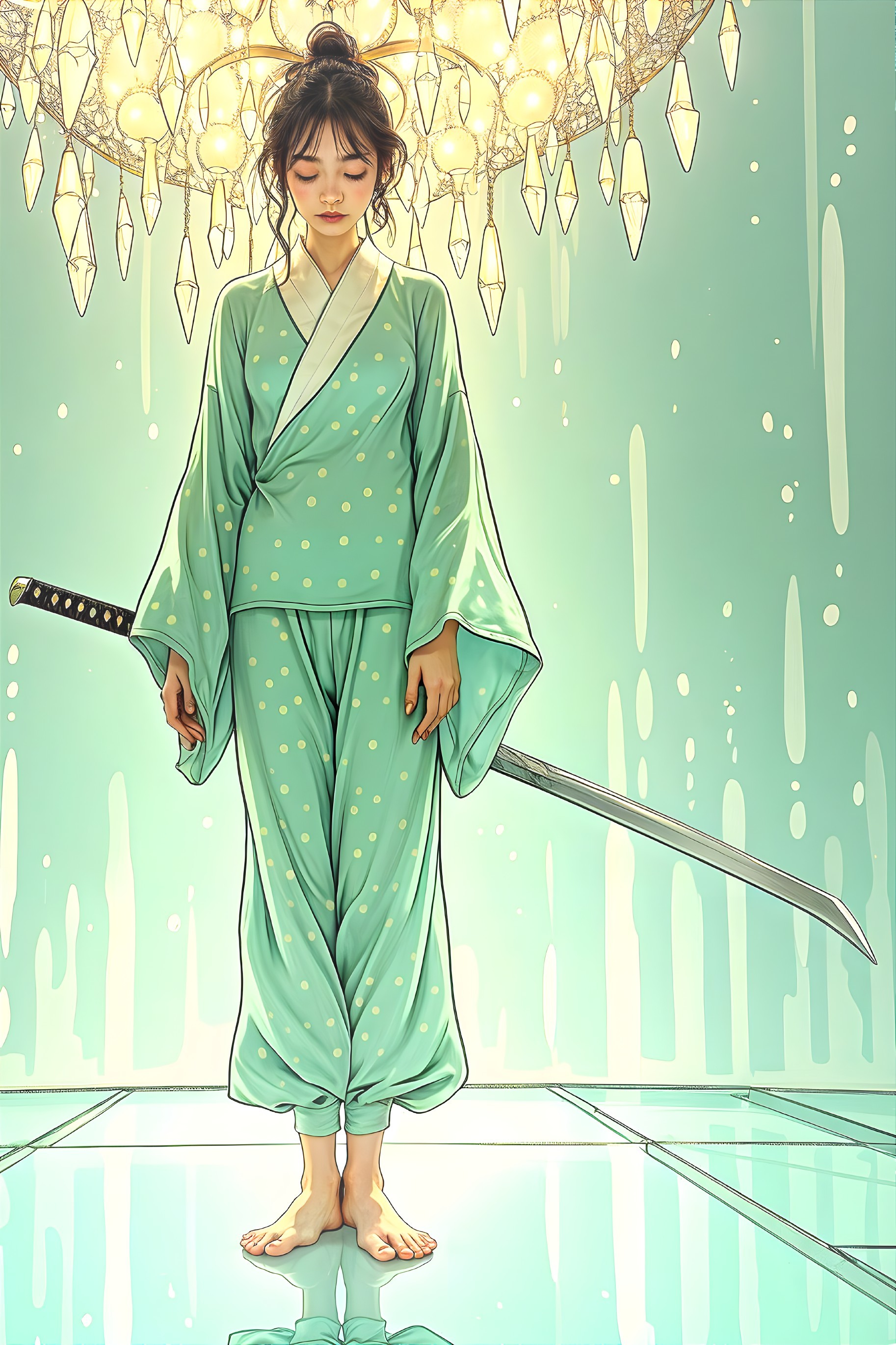 Young Woman in Mint-Green Kimono with Katana