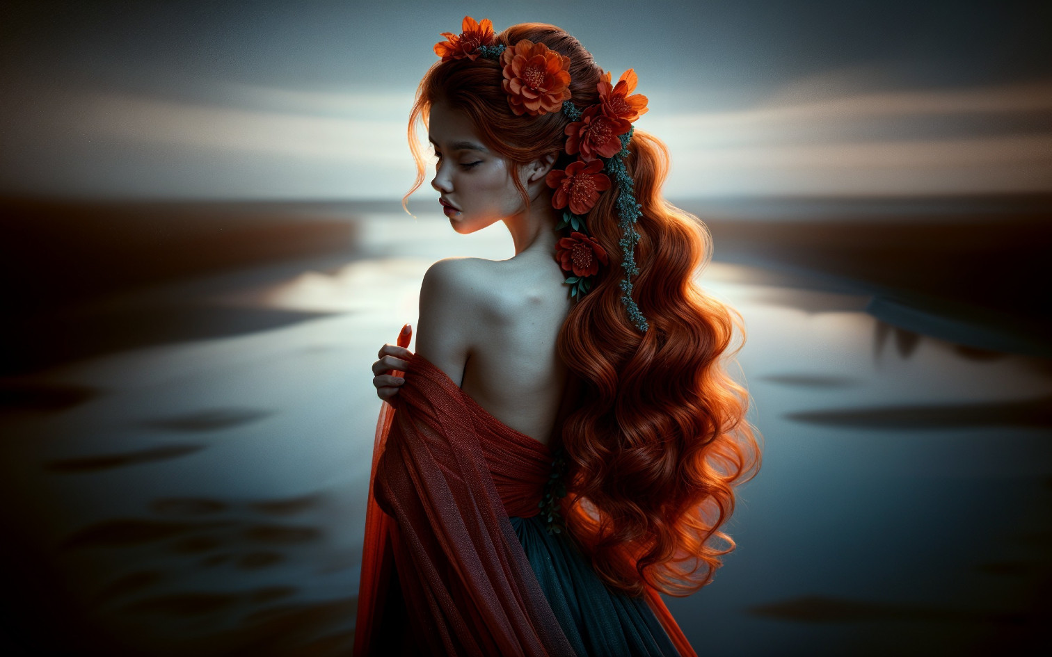Young woman with red hair by tranquil water at sunset