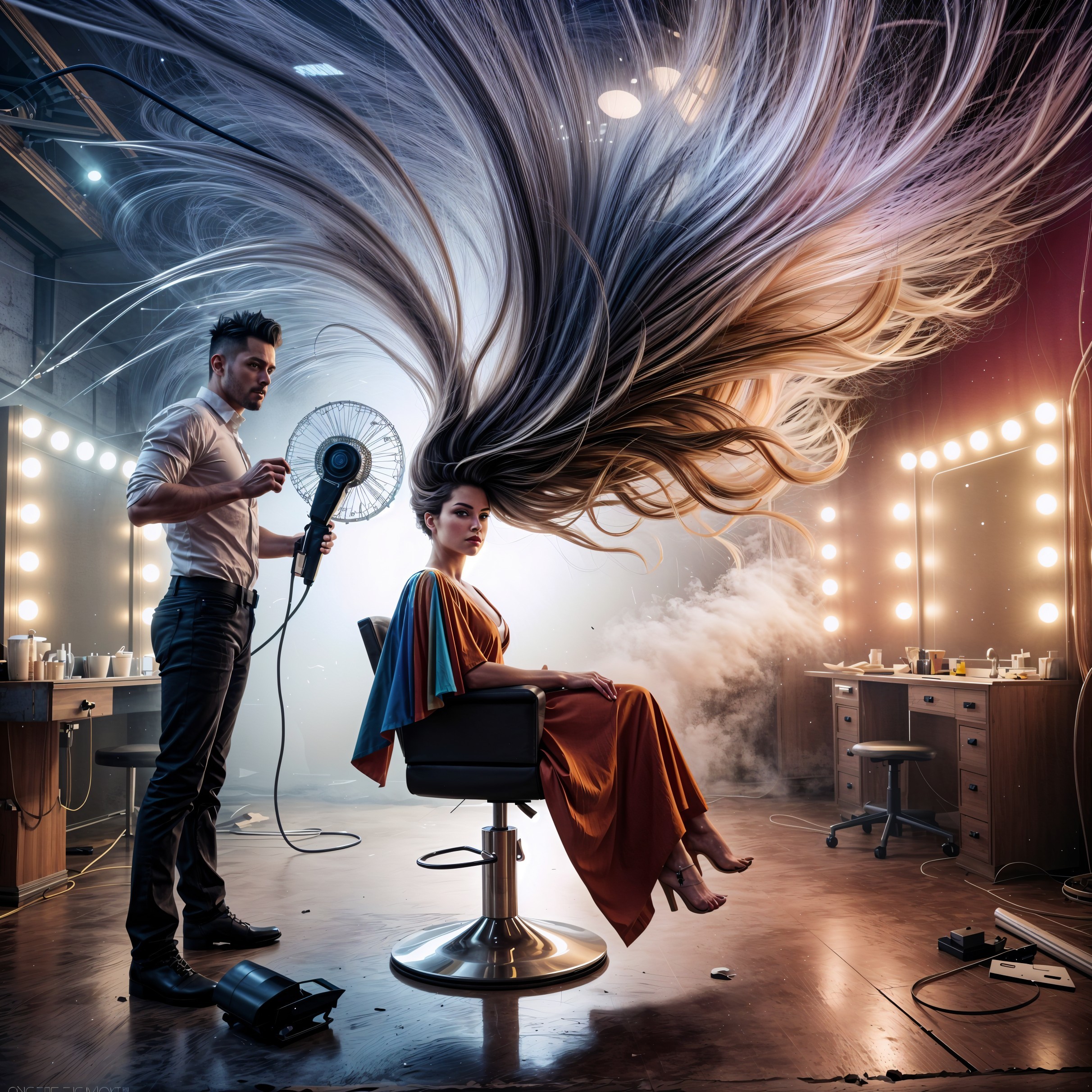 Salon Scene with Hairdryer and Flowing Hair Effects