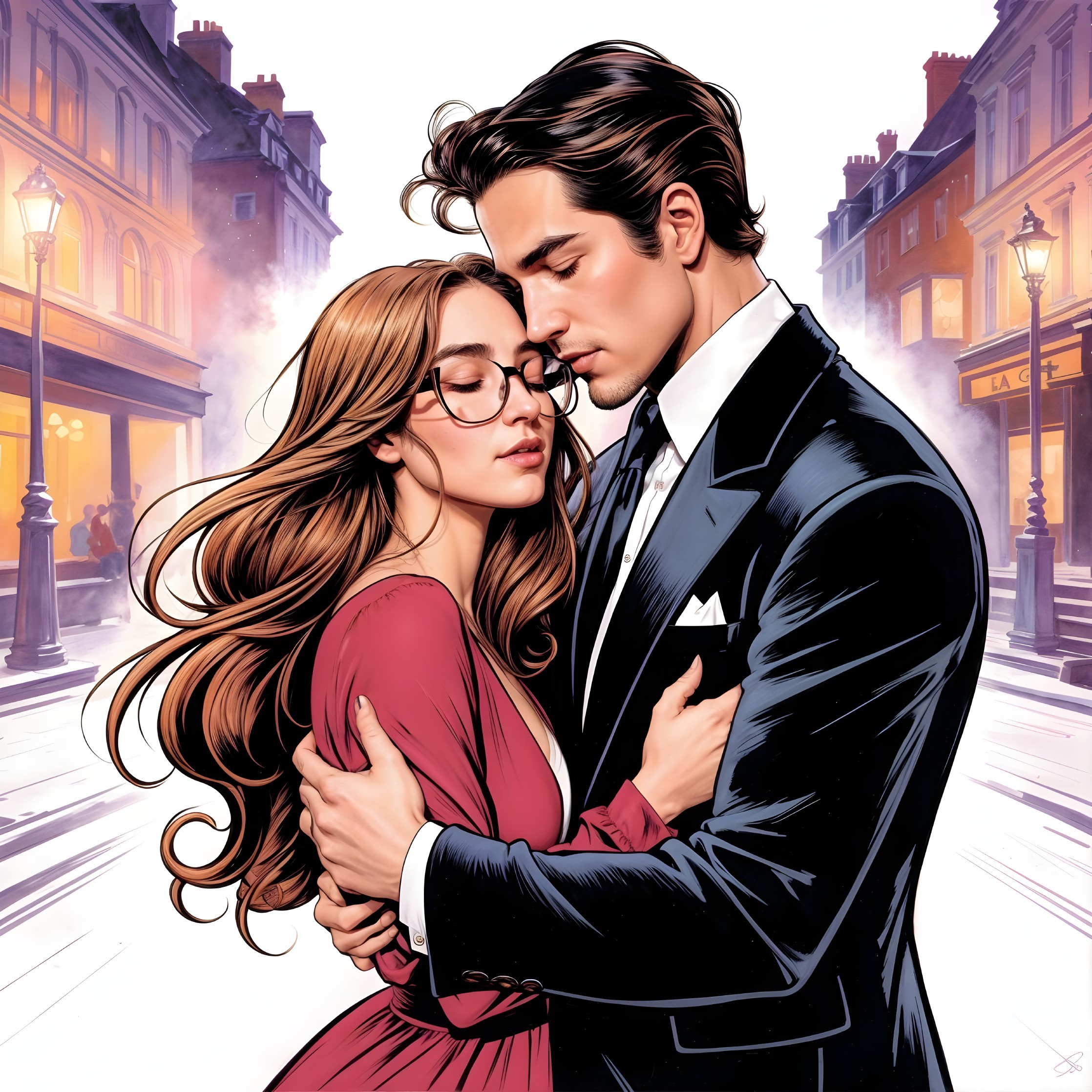 Couple Embraces Under Streetlights in Urban Setting