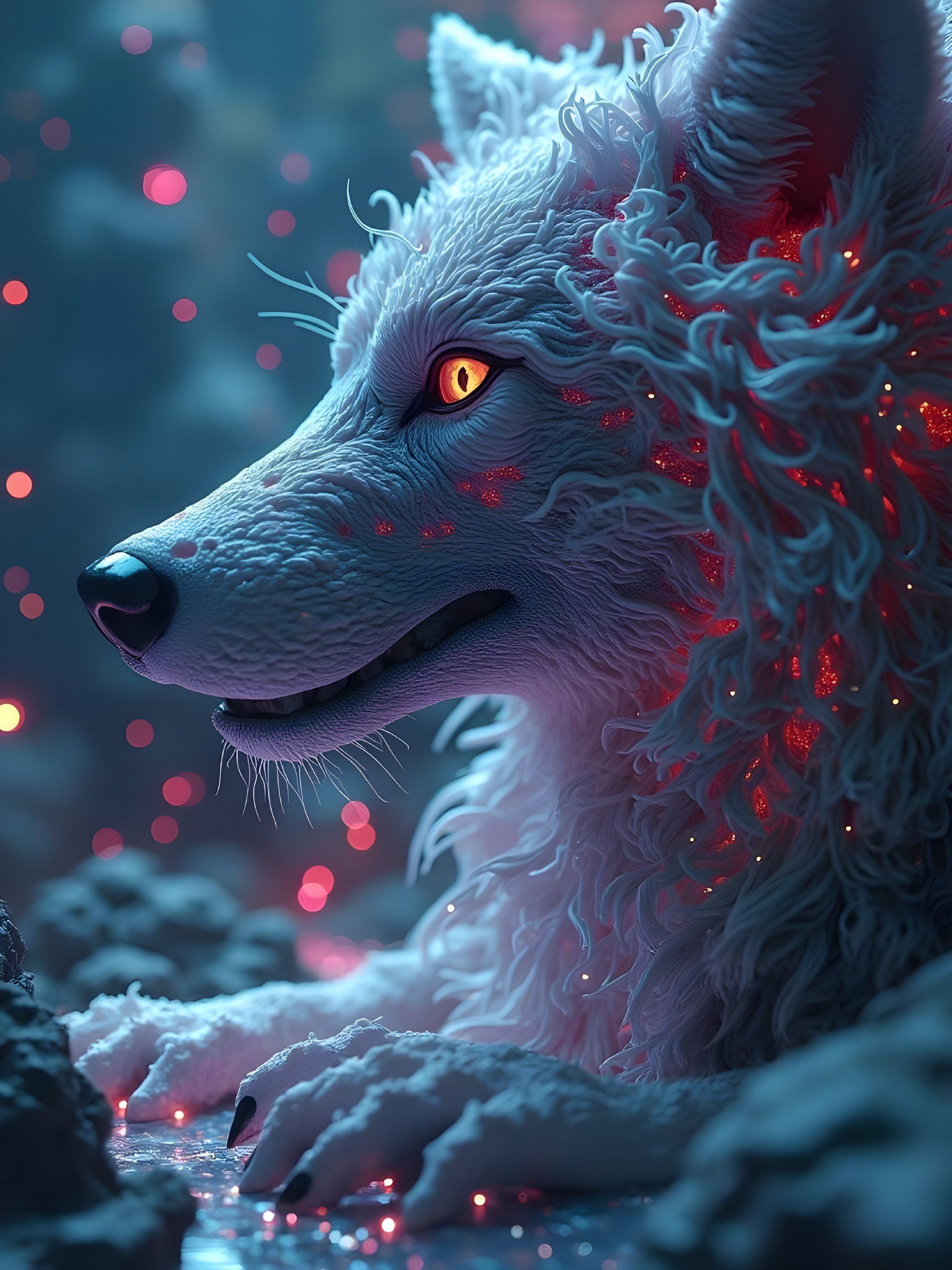 Majestic white wolf in a dreamlike illuminated setting