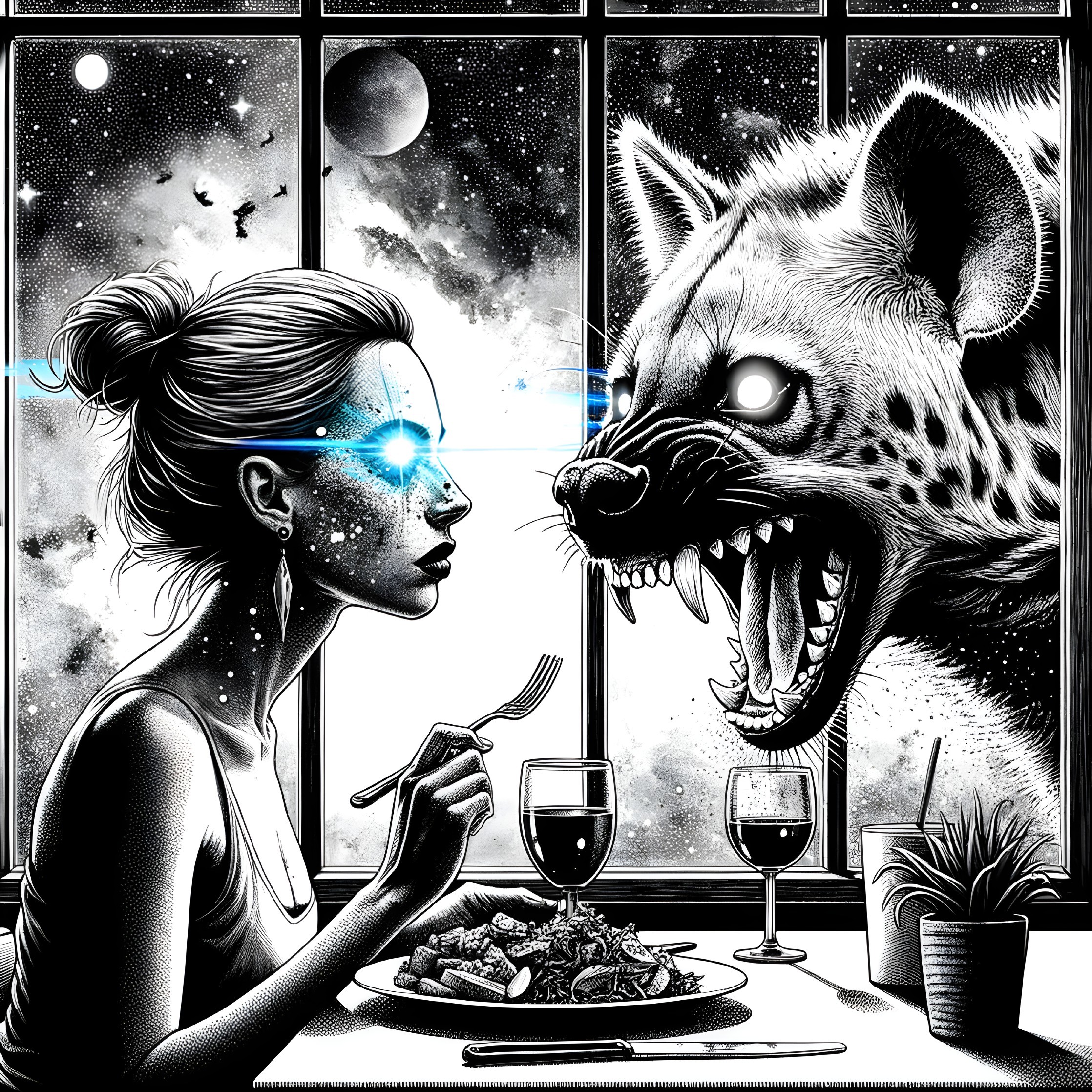 Black-and-white scene of a woman and a hyena