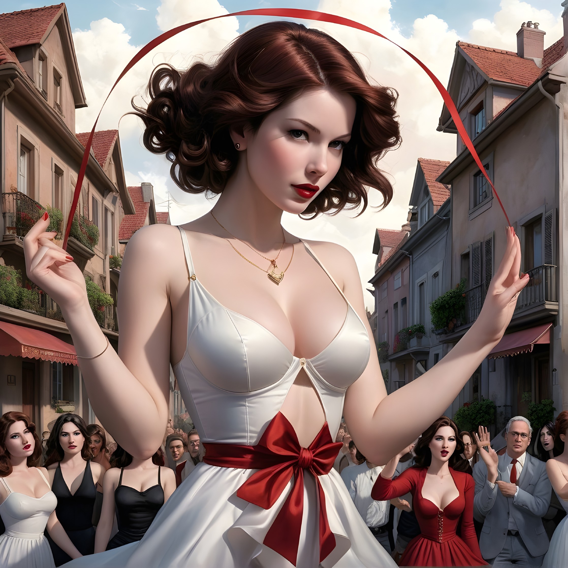 Vintage White Dress with Red Bow in Bustling Street