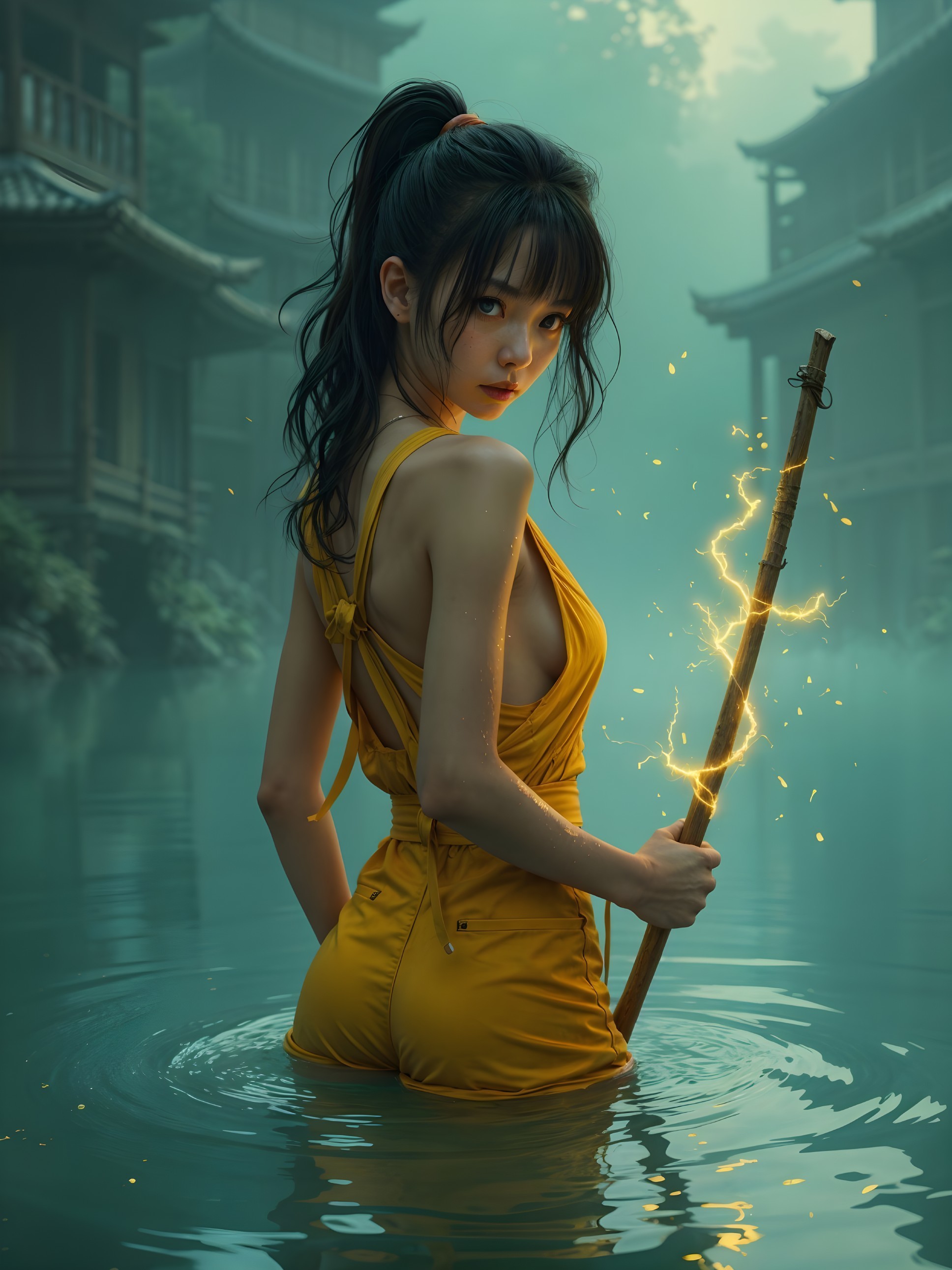 Young woman in a misty water setting with glowing stick