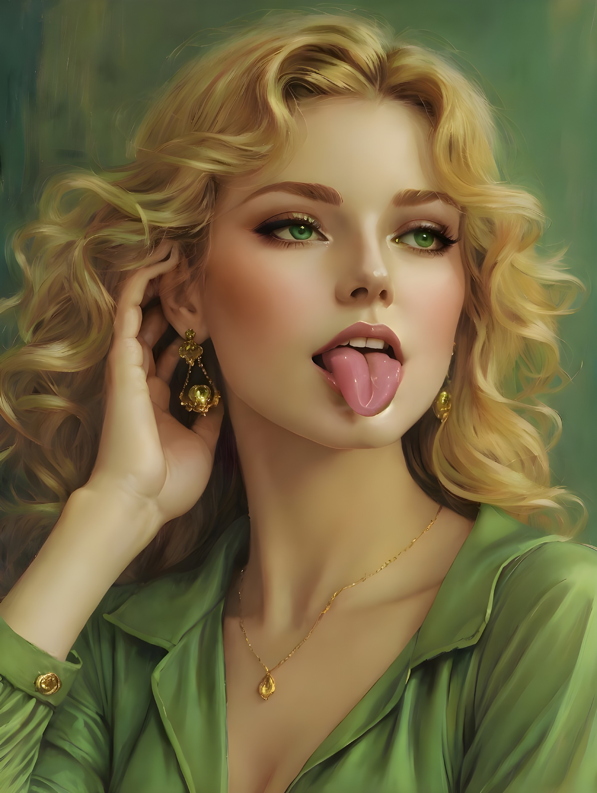 Glamorous Woman with Blonde Hair and Green Outfit