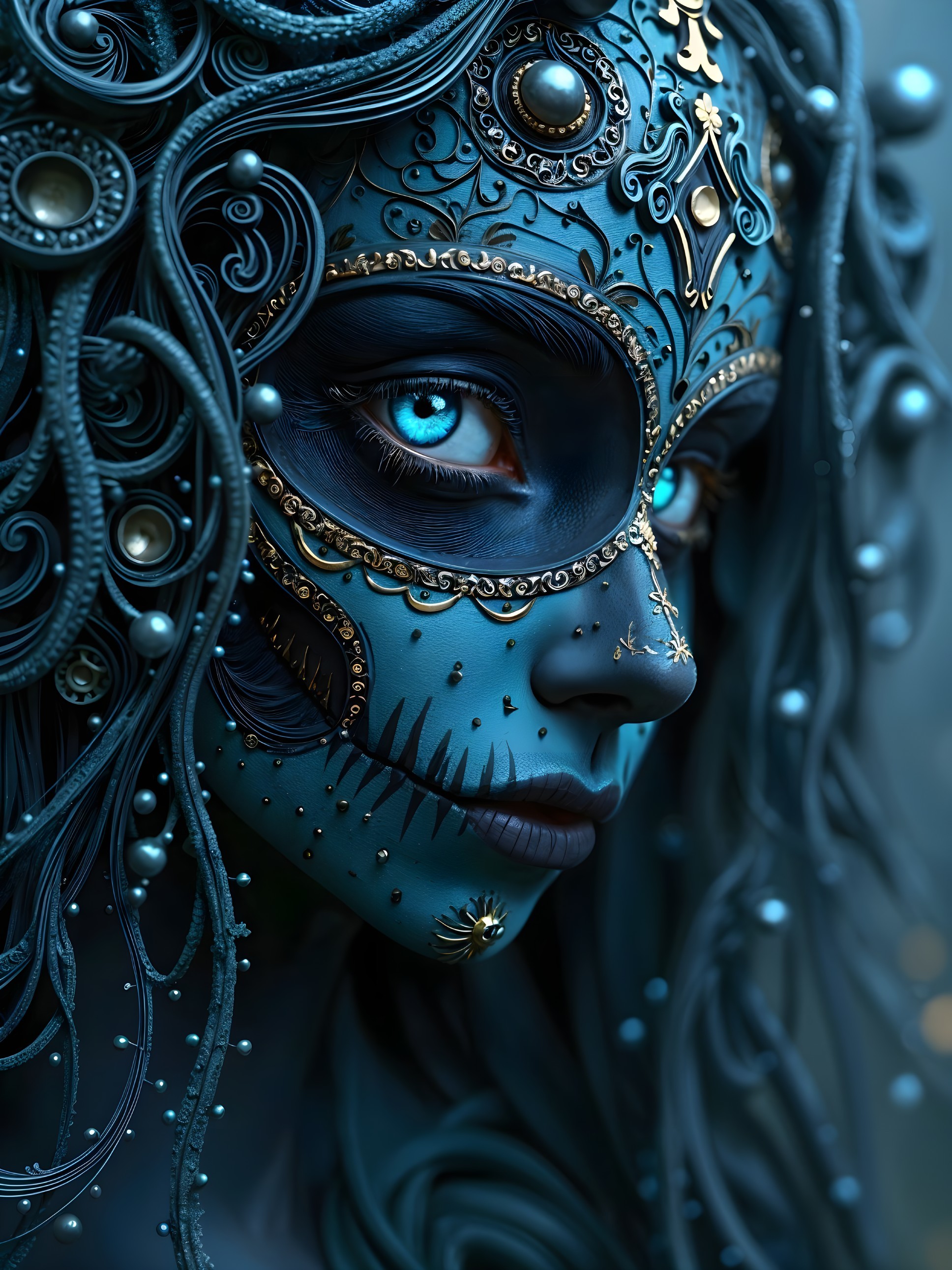Intricate Facial Makeup with Blue-Toned Skin and Details