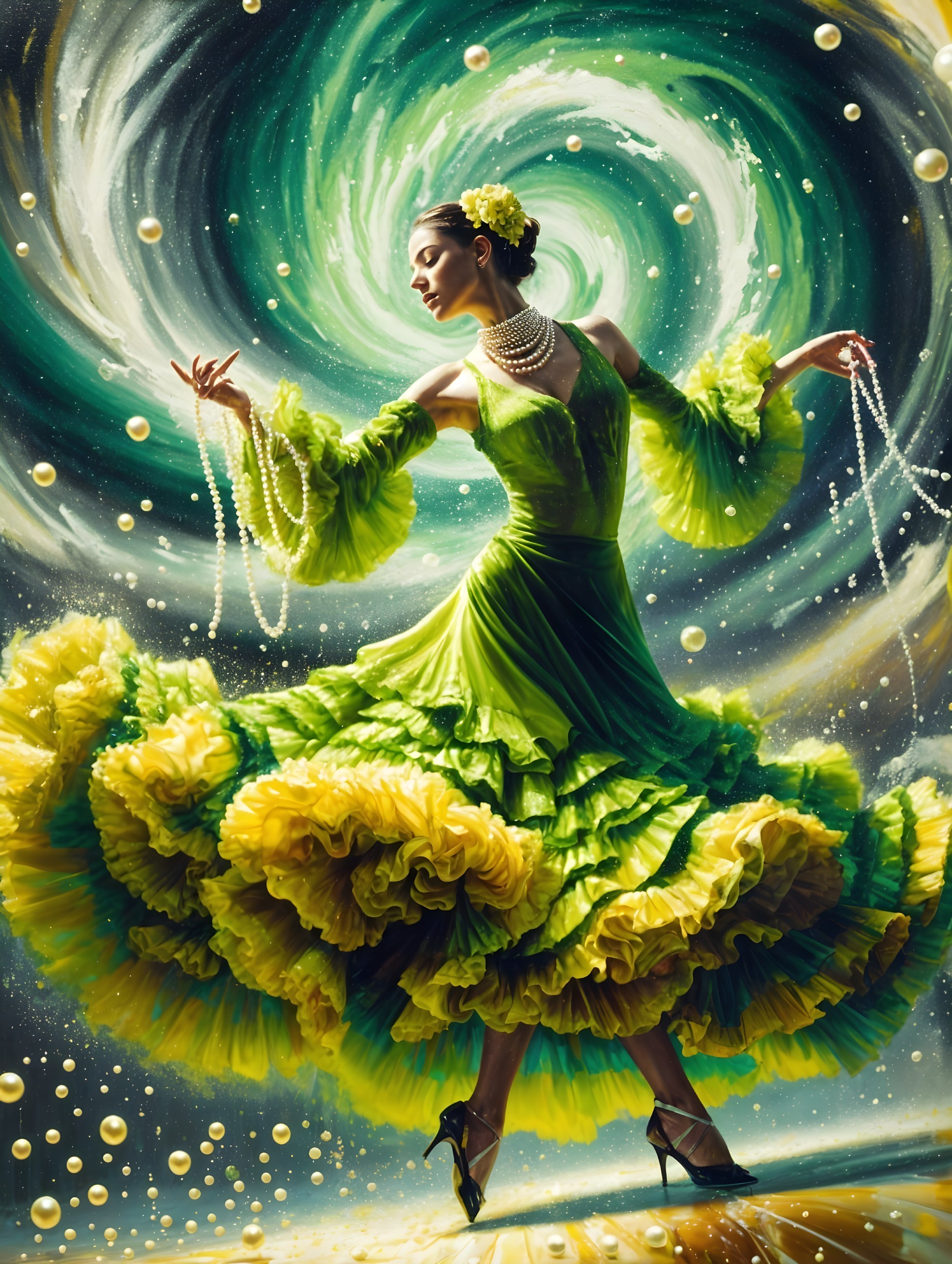 Dancer in Ruffled Dress Against Dynamic Backdrop