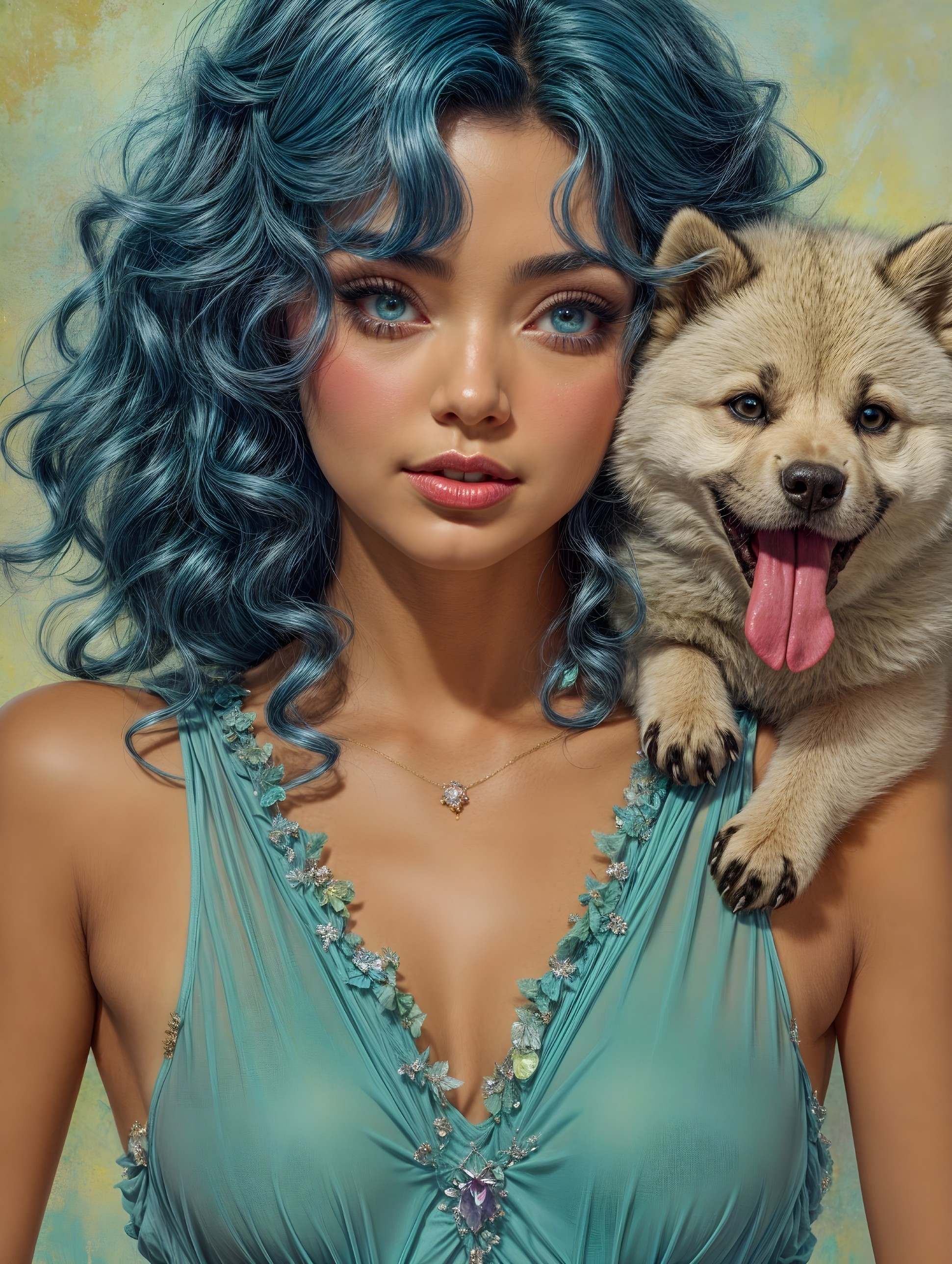 Young woman with blue hair and puppy in mint outfit