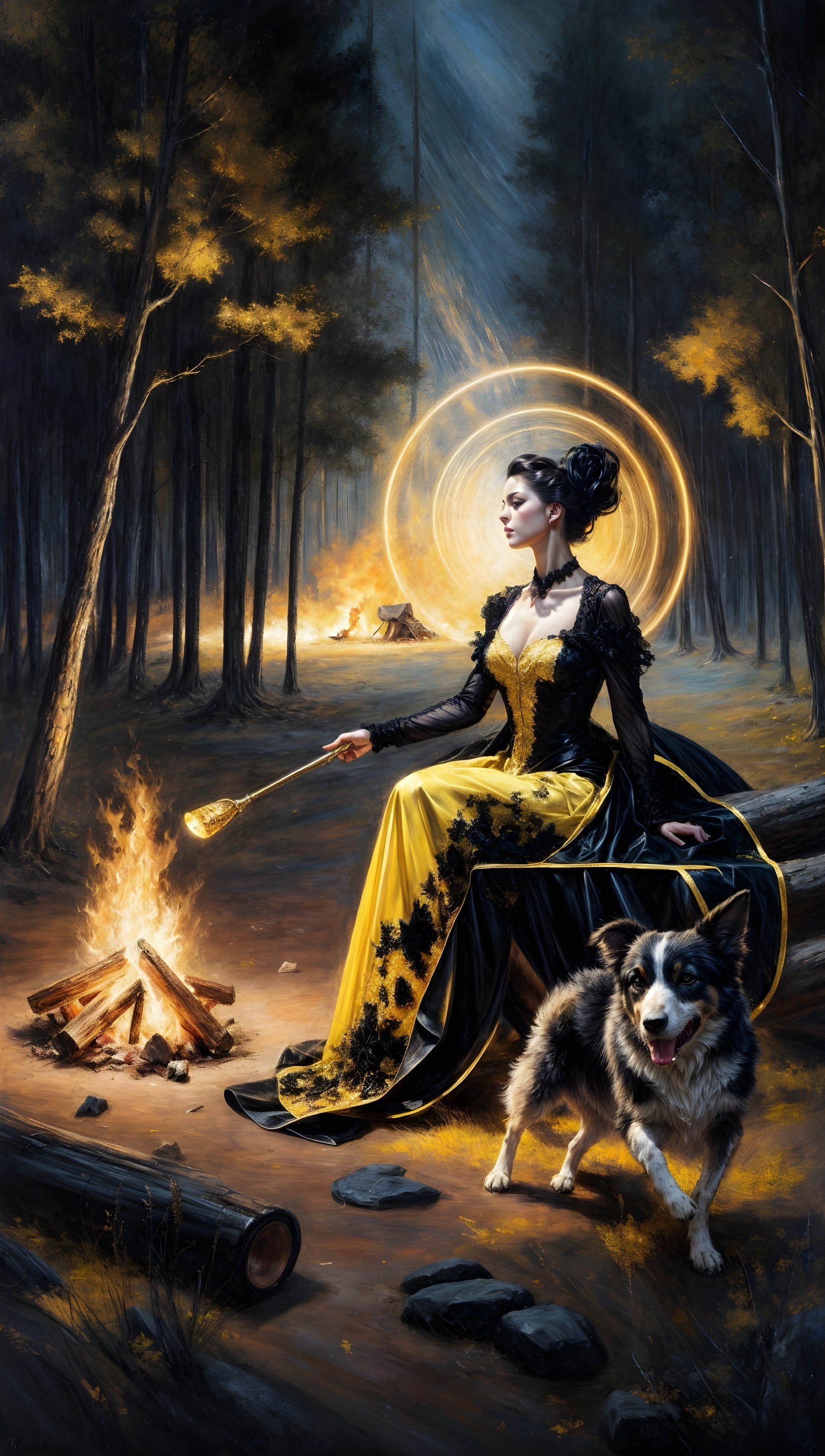Mystical Forest Scene with Woman and Campfire