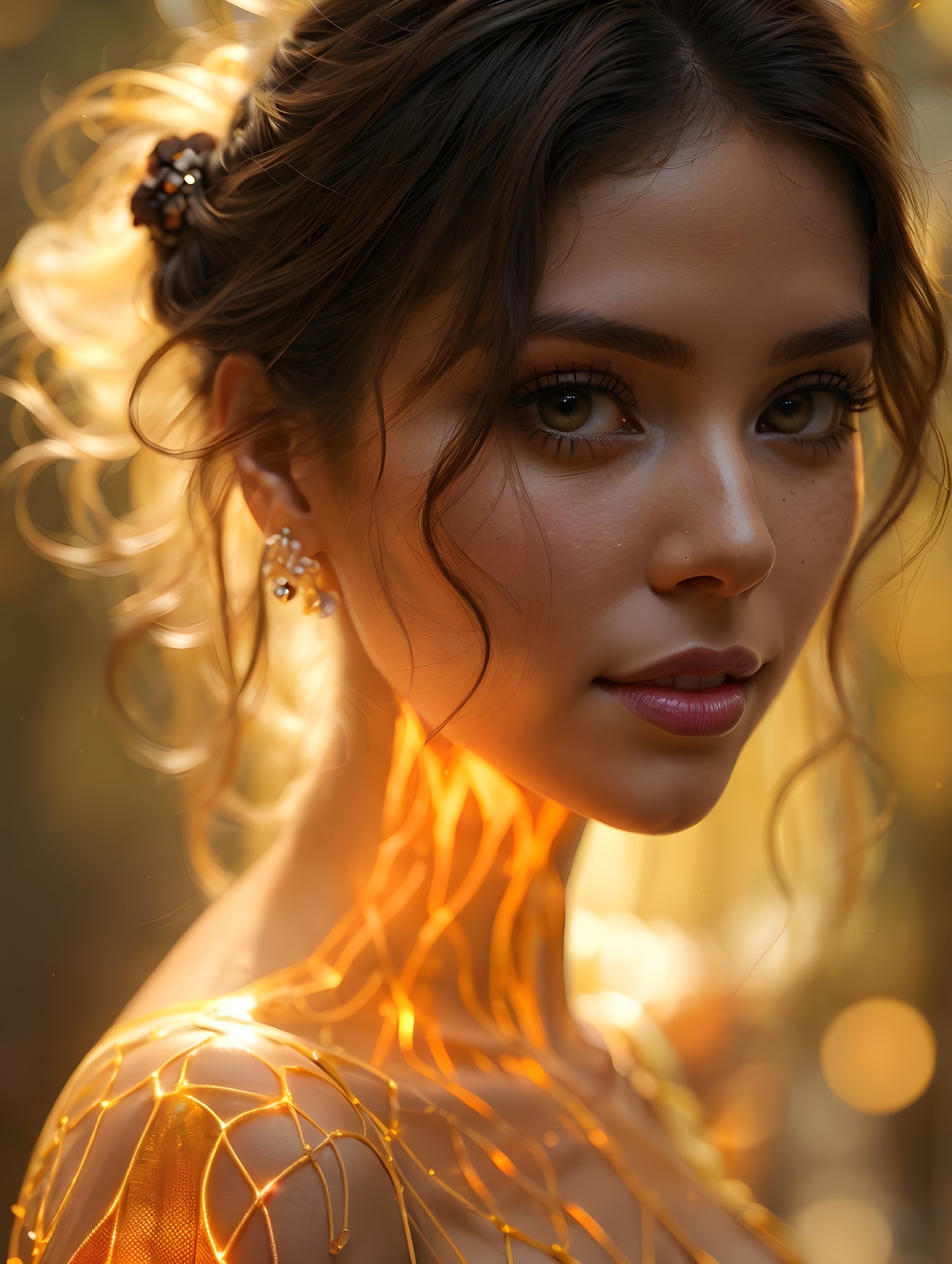 Young woman in golden light with intricate gown