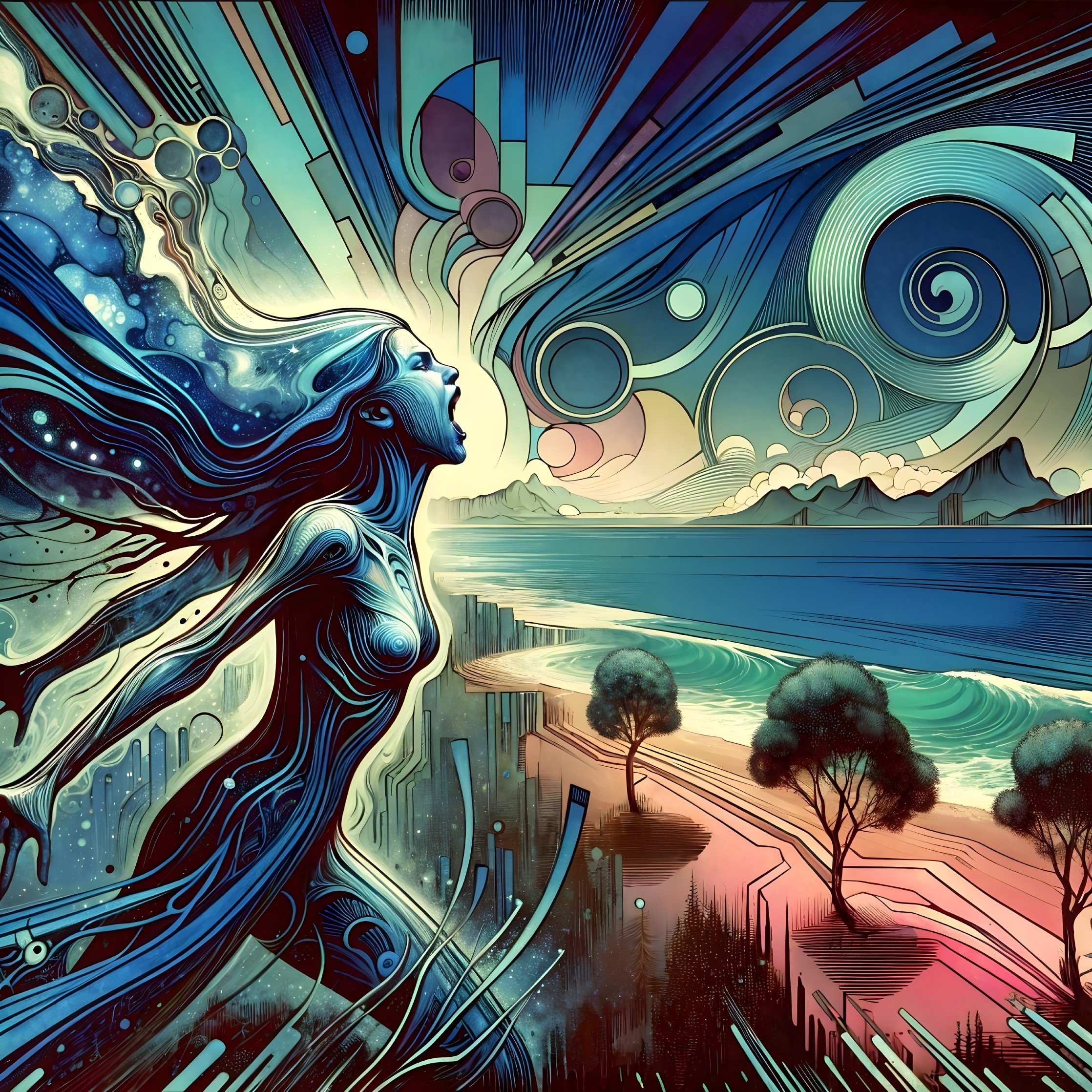 Surreal Landscape with Woman and Colorful Patterns