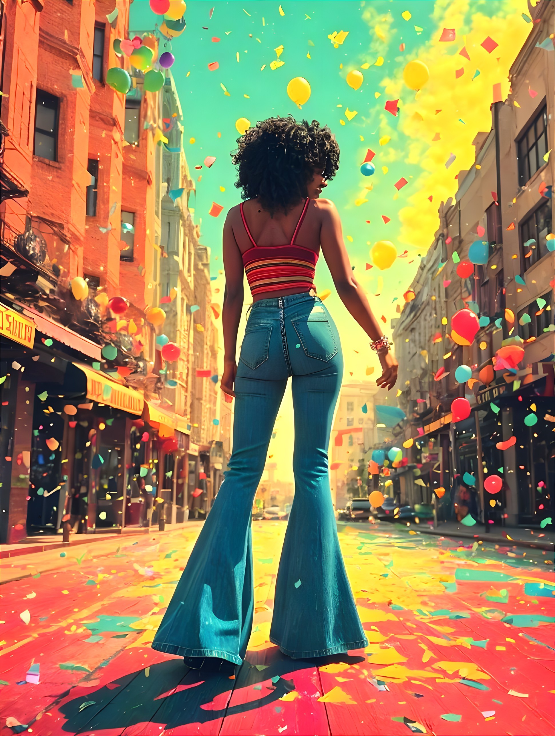 Vibrant Street Scene with Balloons and Confetti