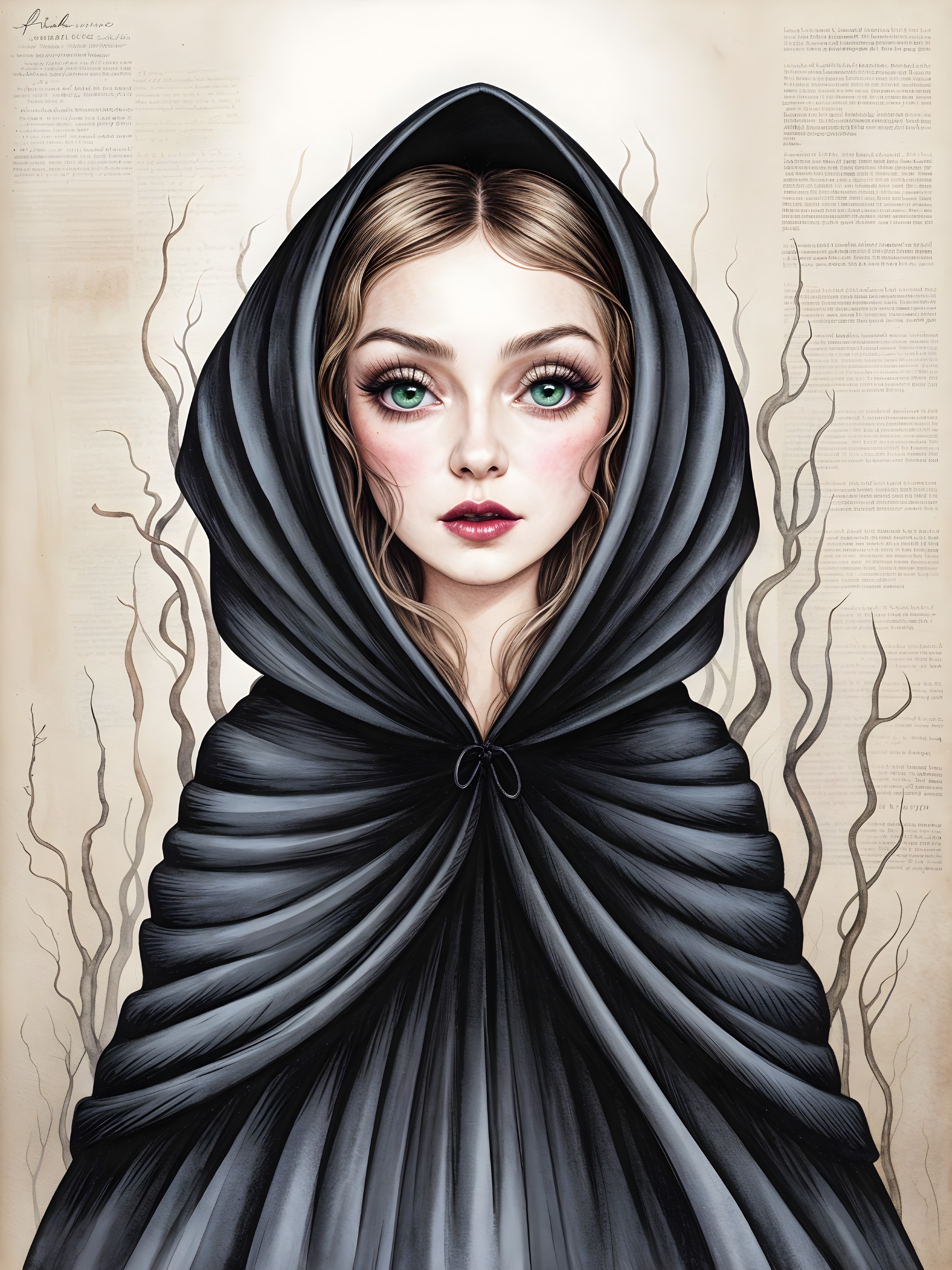 Young woman in black hood with green eyes and cloak