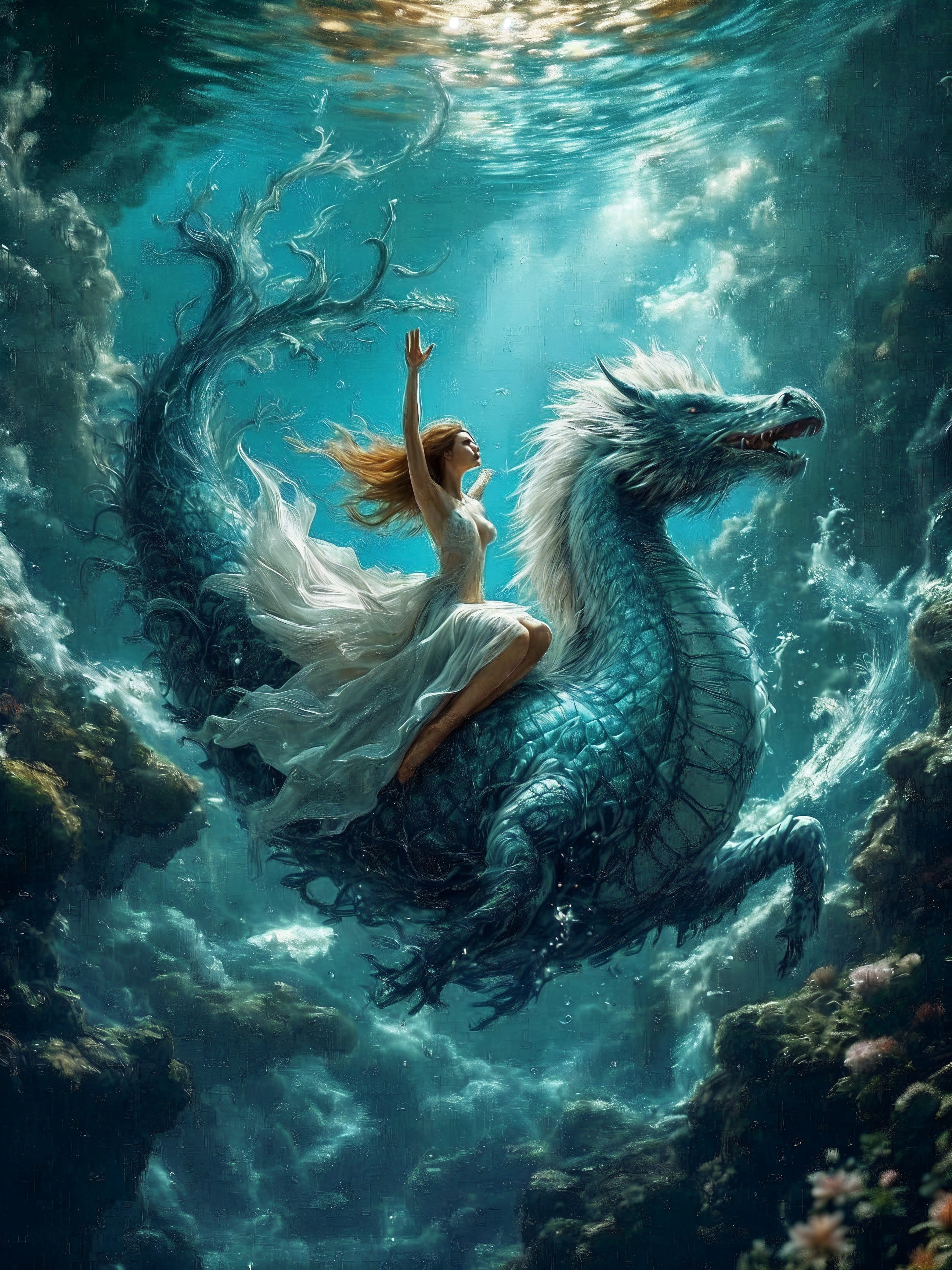 Underwater Scene with Dragon Creature and Woman