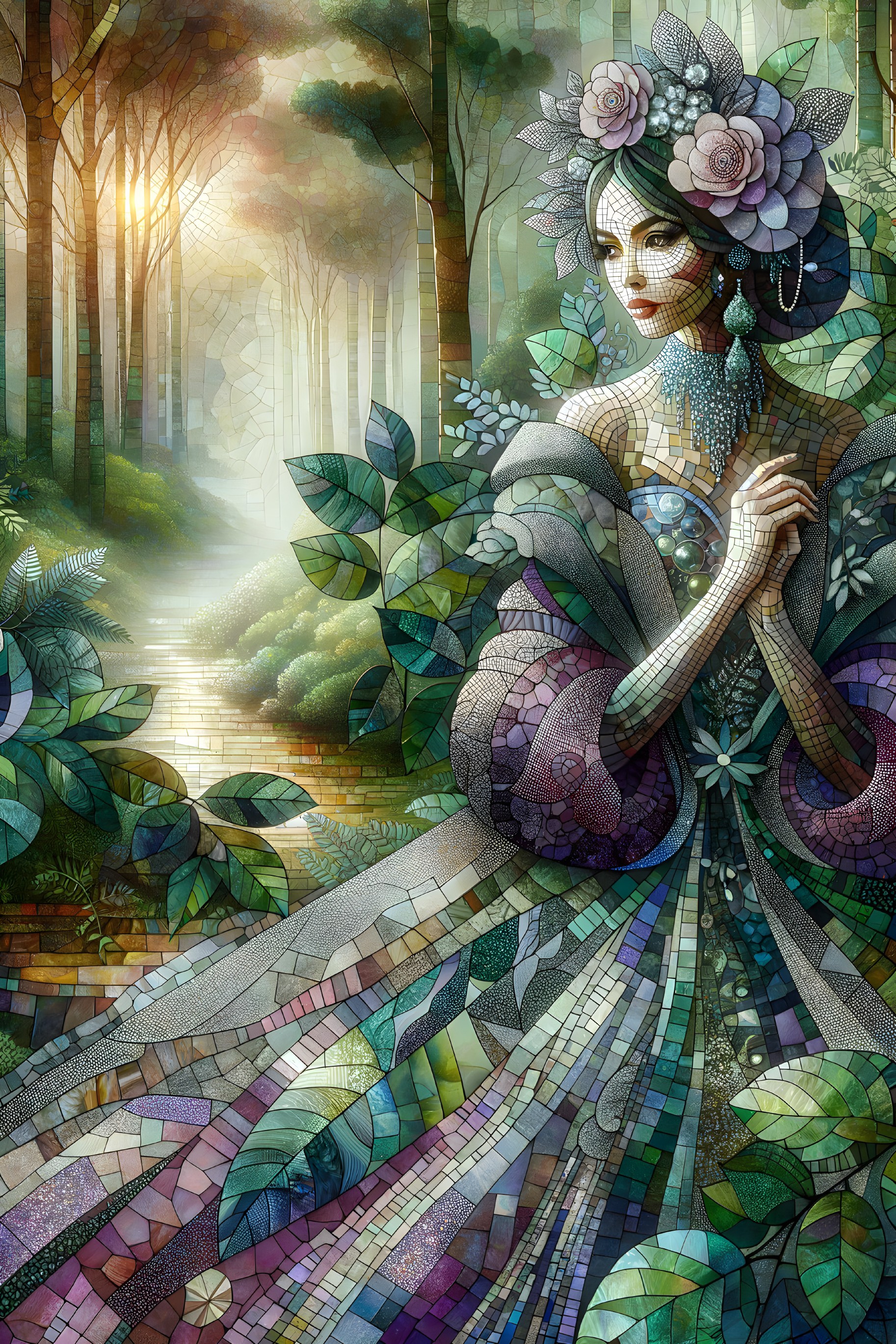 Mosaic Artwork of a Serene Woman in a Forest