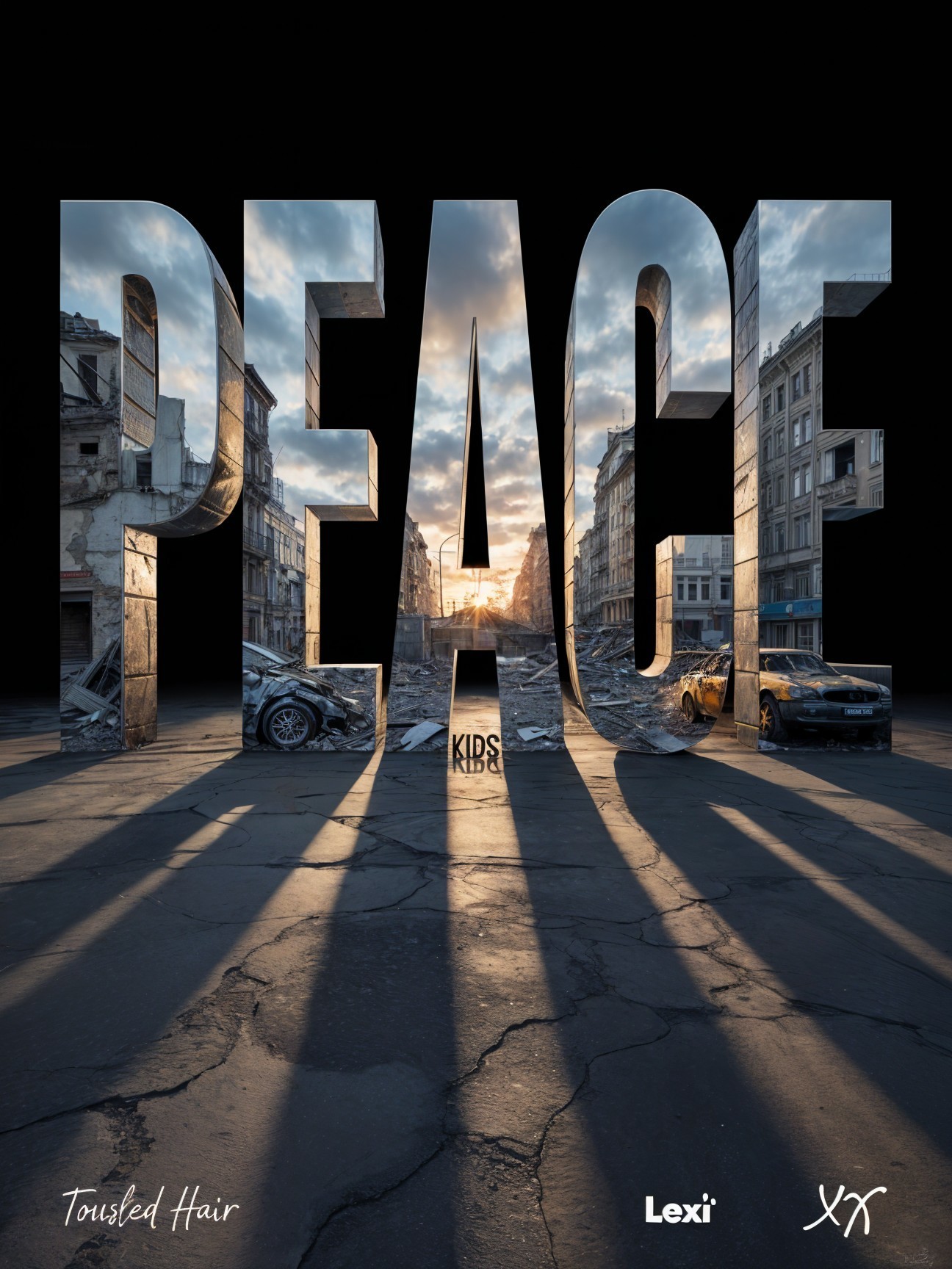 Peace Message Over Cityscape in Ruins at Sunset