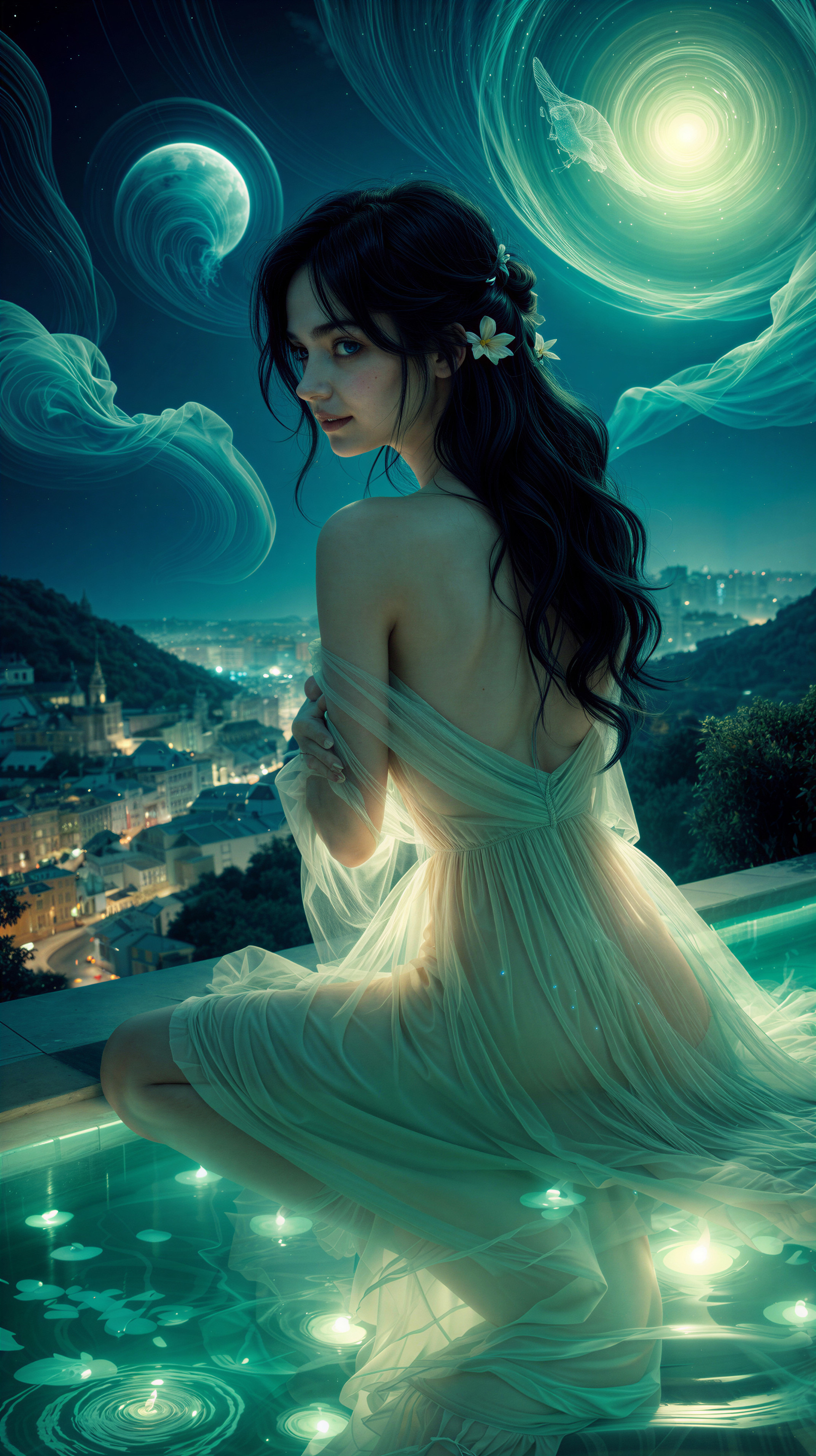 Mystical Night Scene with Young Woman by Pool