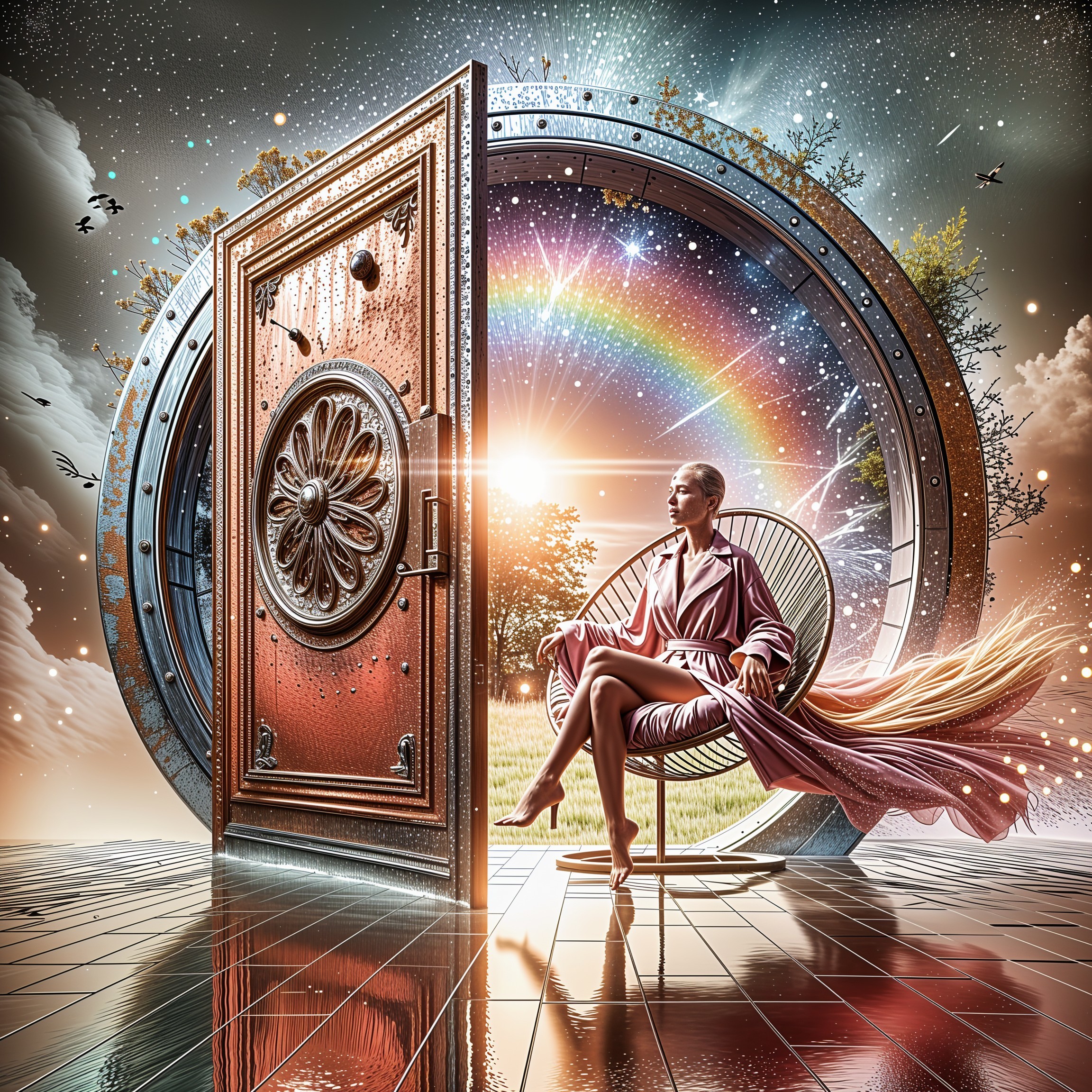 Mystical Scene with Ornate Door and Rainbow Landscape