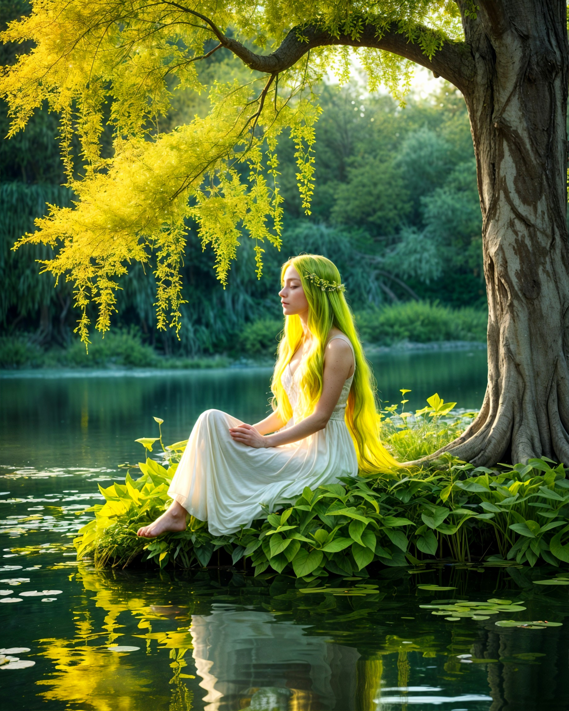 Serene Lake Scene with Woman in White Dress