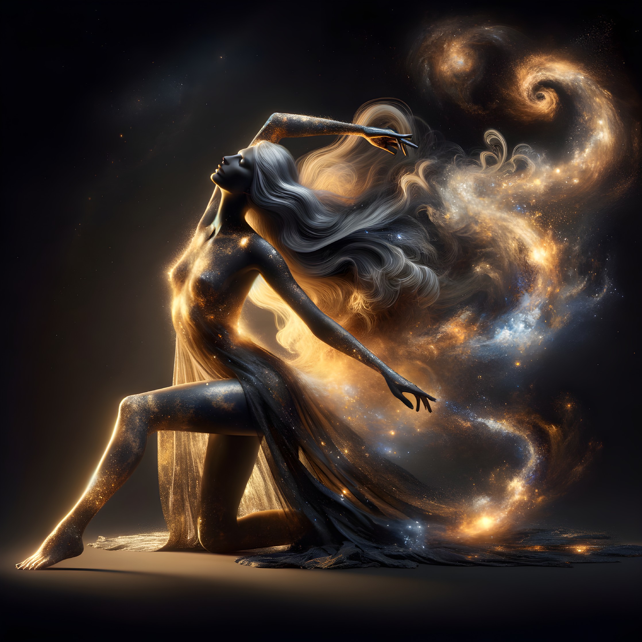 Celestial Dancer Amidst Cosmic Patterns and Galaxies