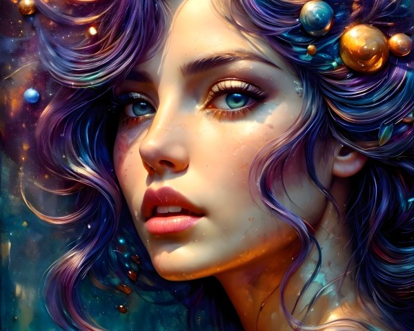 Ethereal Woman with Purple Hair in Cosmic Background