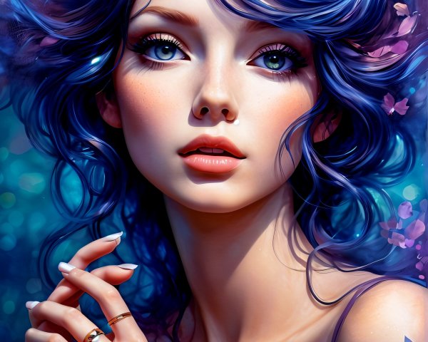 Portrait of a Young Woman with Blue Hair and Flowers