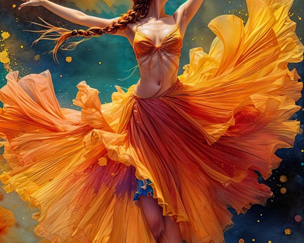 Dancer in Vibrant Dress Against Colorful Abstract Background