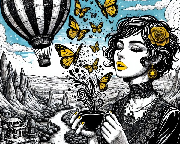 Whimsical Illustration of Woman with Butterflies and Nature
