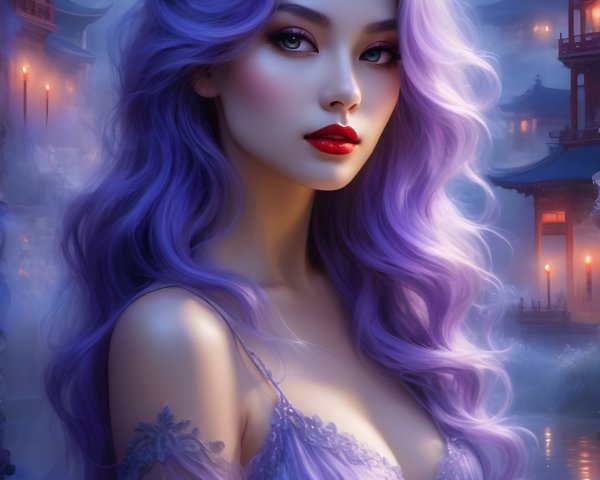 Woman with Purple Hair in Mystical Asian Landscape