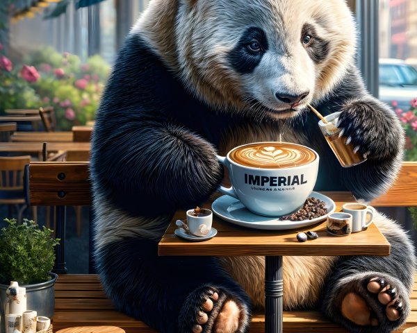 Panda Enjoying Latte Art in Cozy Café Setting