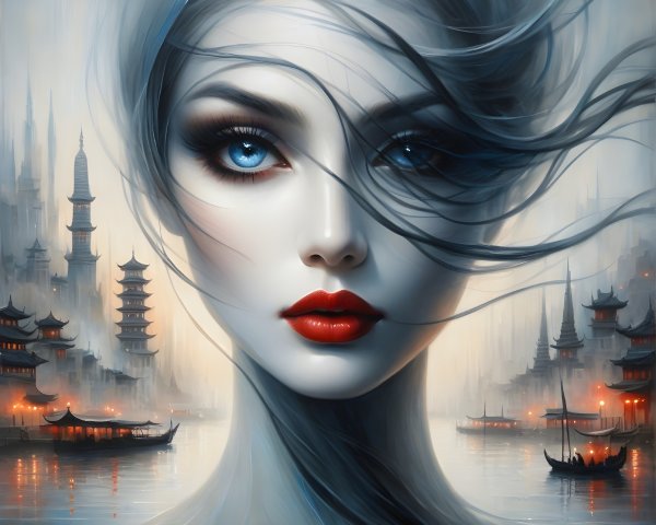 Ethereal Woman in Dreamy Pagoda Landscape Scene