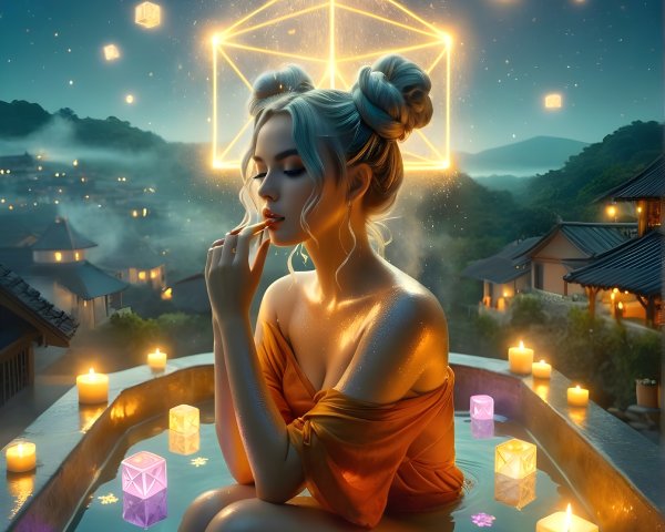 Tranquil Bath Scene with Candles and Geometric Shapes
