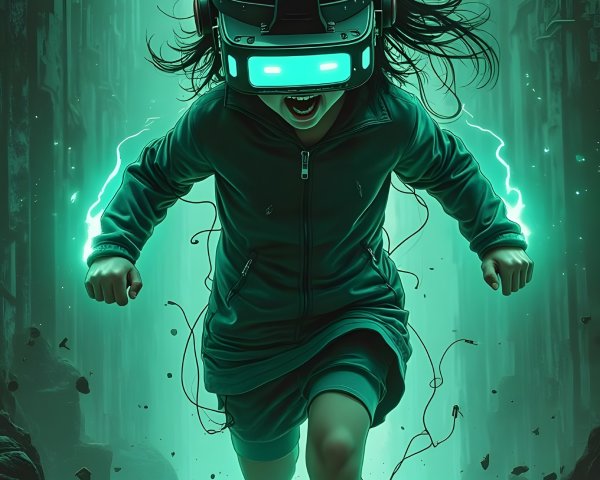 Young girl in futuristic outfit racing in neon alley