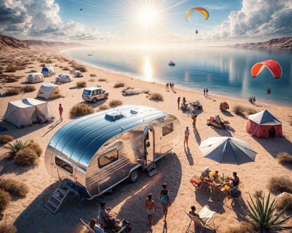 Vibrant Desert Scene with Retro Camper and Lake Activities