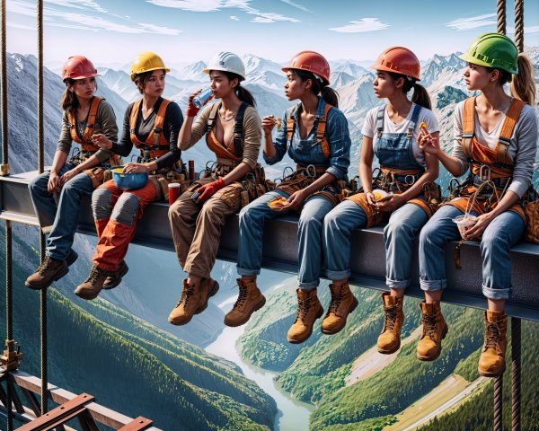 Female Construction Workers on Steel Beam with Mountains
